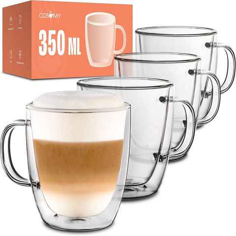 Cosumy Gläser-Set 4 Latte Macchiato Gläser doppelwandig mit Henkel 350ml, Glas, Für Latte Macchiato - Spülmaschinenfest - Hält lange warm