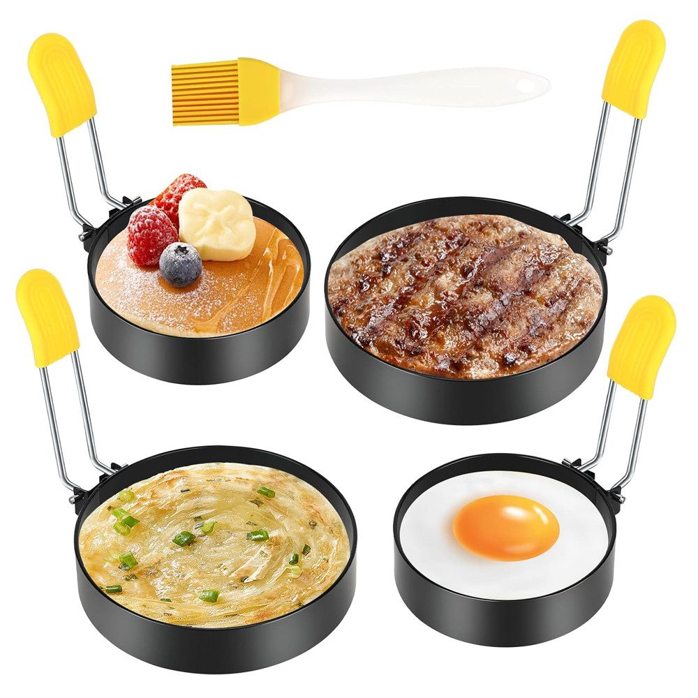 TUWENA Herzkuchenform 4 Stück Spiegeleiform Edelstahl, Mit Silikon Klappgriffen und Ölpinsel