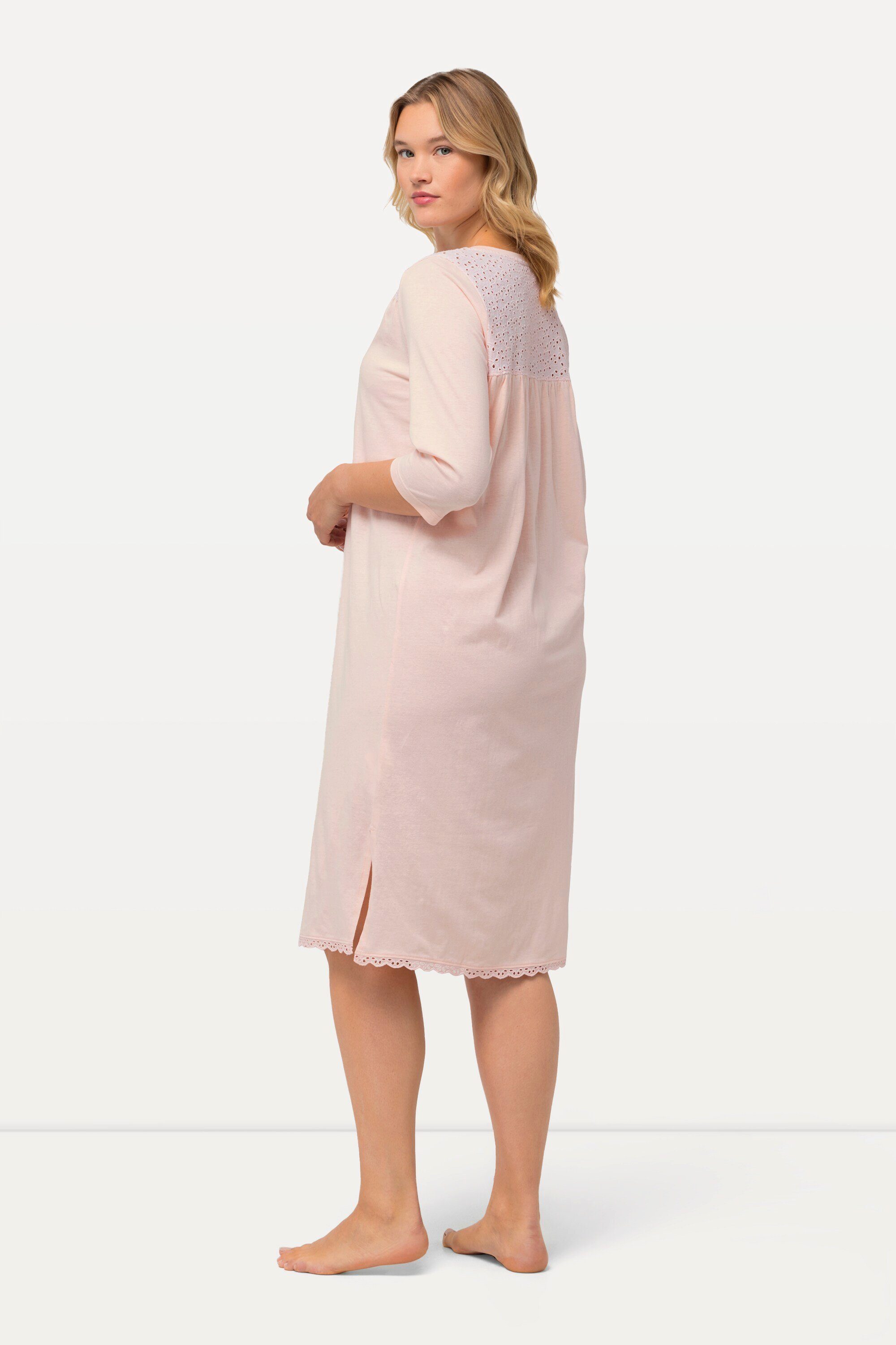 Lochstickerei V-Ausschnitt Nachthemd Ulla Popken 3/4-Arm Nachthemd rosa