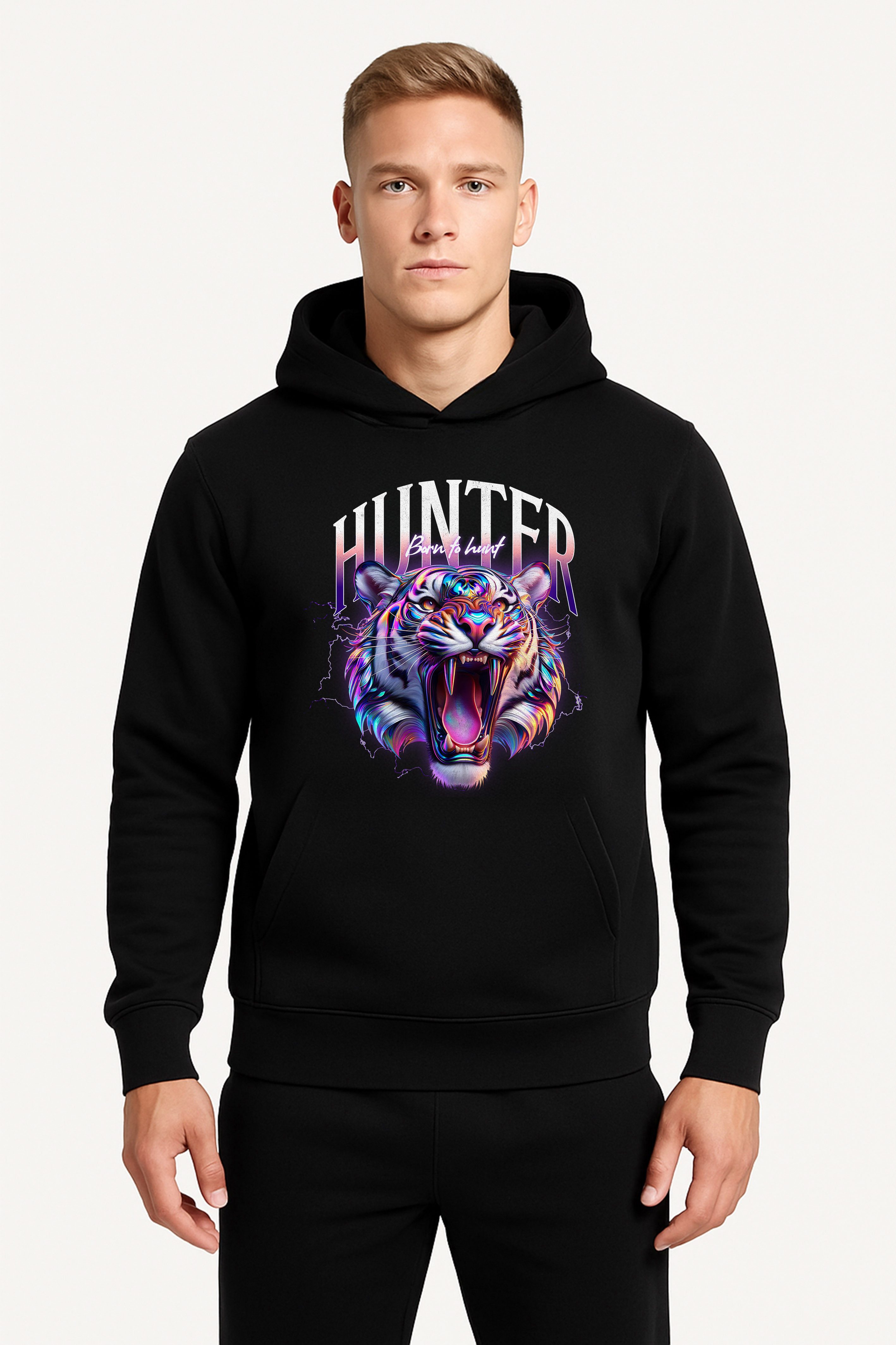 Hoodie Herren Hoodie mit HUNTER Tigerkopf Print - Kapuzenpullover, Schwarz