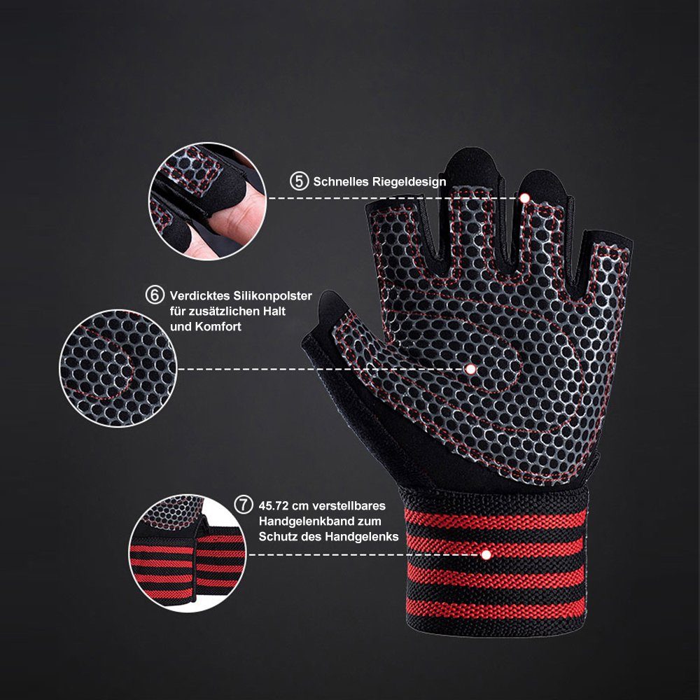 Fingerlose HOME (mit Powerlifting Handschuhe) Fitness Damen rot Rutschfest Handgelenkstütze, Verstellbarer, Trainingshandschuhe Sporthandschuhe Gepolstert, Handschuhe Atmungsaktiv Herren Bodybuilding LAPA Handschuhe Kraftsport für