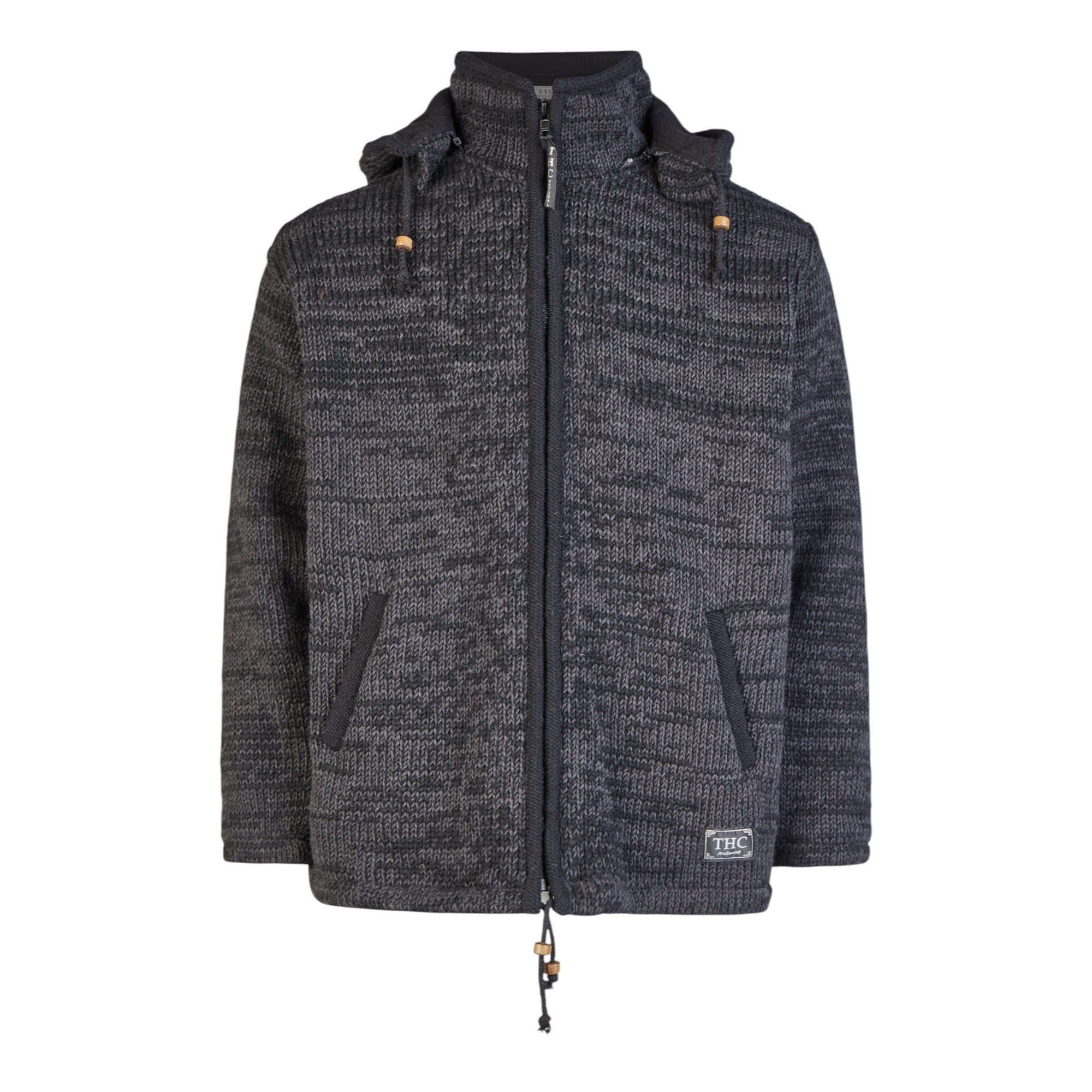 THC Natural Line Strickjacke THC Schafwollstrickjacke Baumwollfutter 851 grau (1 Stück, 1-tlg., 1 Stück) Strickjacke mit abnehmbarer Kapuze