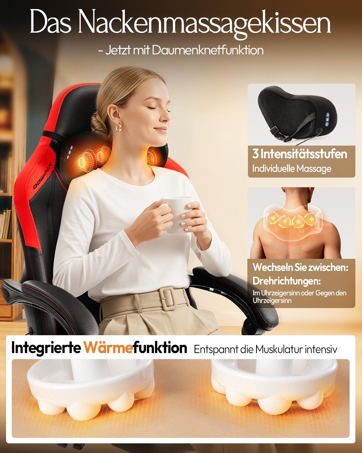 Dowinx Gaming-Stuhl mit Massagefunktion, Ergonomisch Gaming Sessel mit Lendenwirbelstütze (Packung), Gaming Chair bis 135 kg Höhenverstellbar für Erwachsene