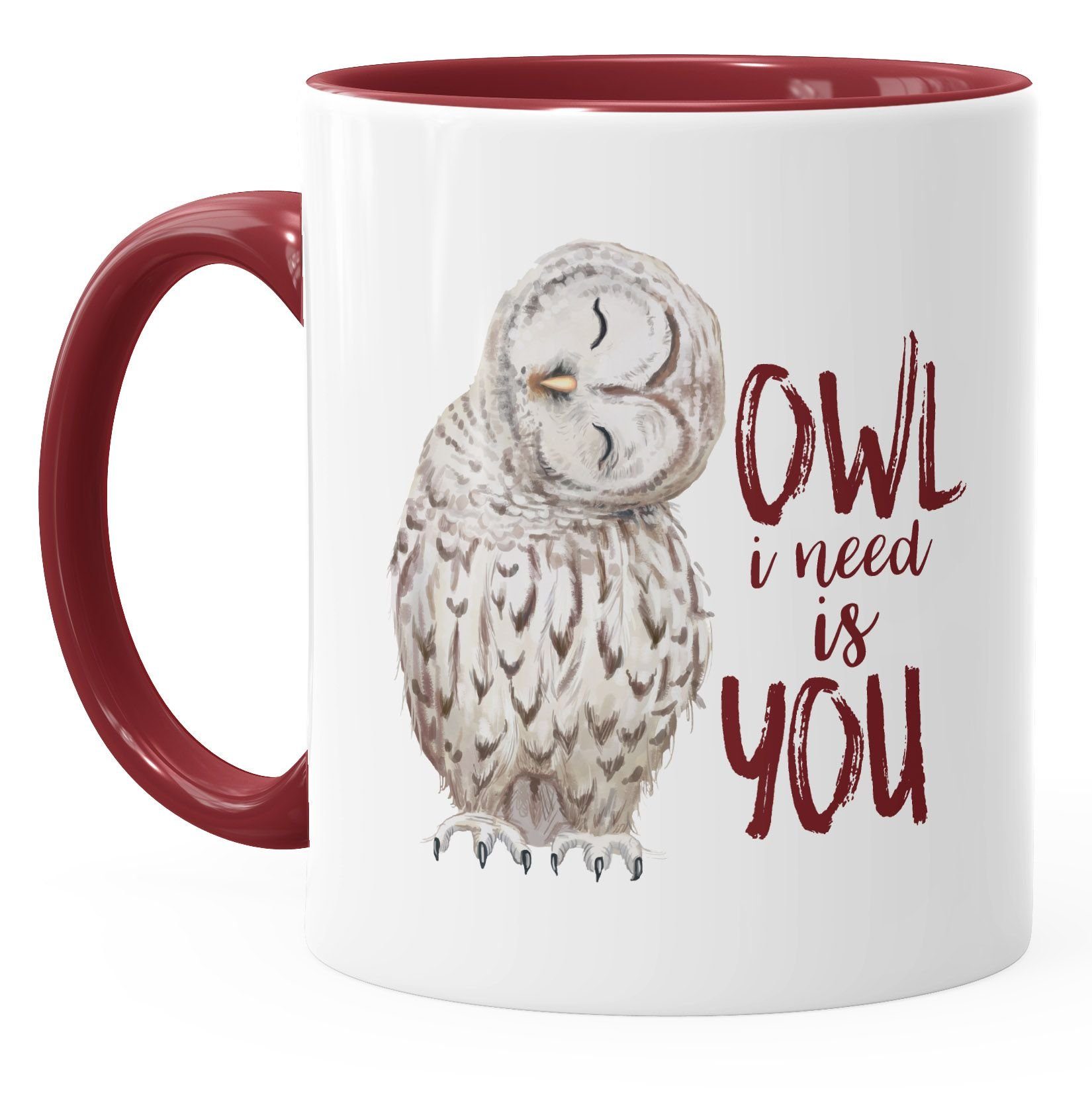 MoonWorks Tasse Kaffee-Tasse Eule Valentinstag Geschenk Owl need Partnerschaft Liebe Weihnachten MoonWorks®, Ehe you bordeauxrot I Keramik Spruch is