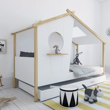 Homestyle4u Kinderbett Hausbett 90x200 Lattenrost Bettkasten Weiß Holzbett