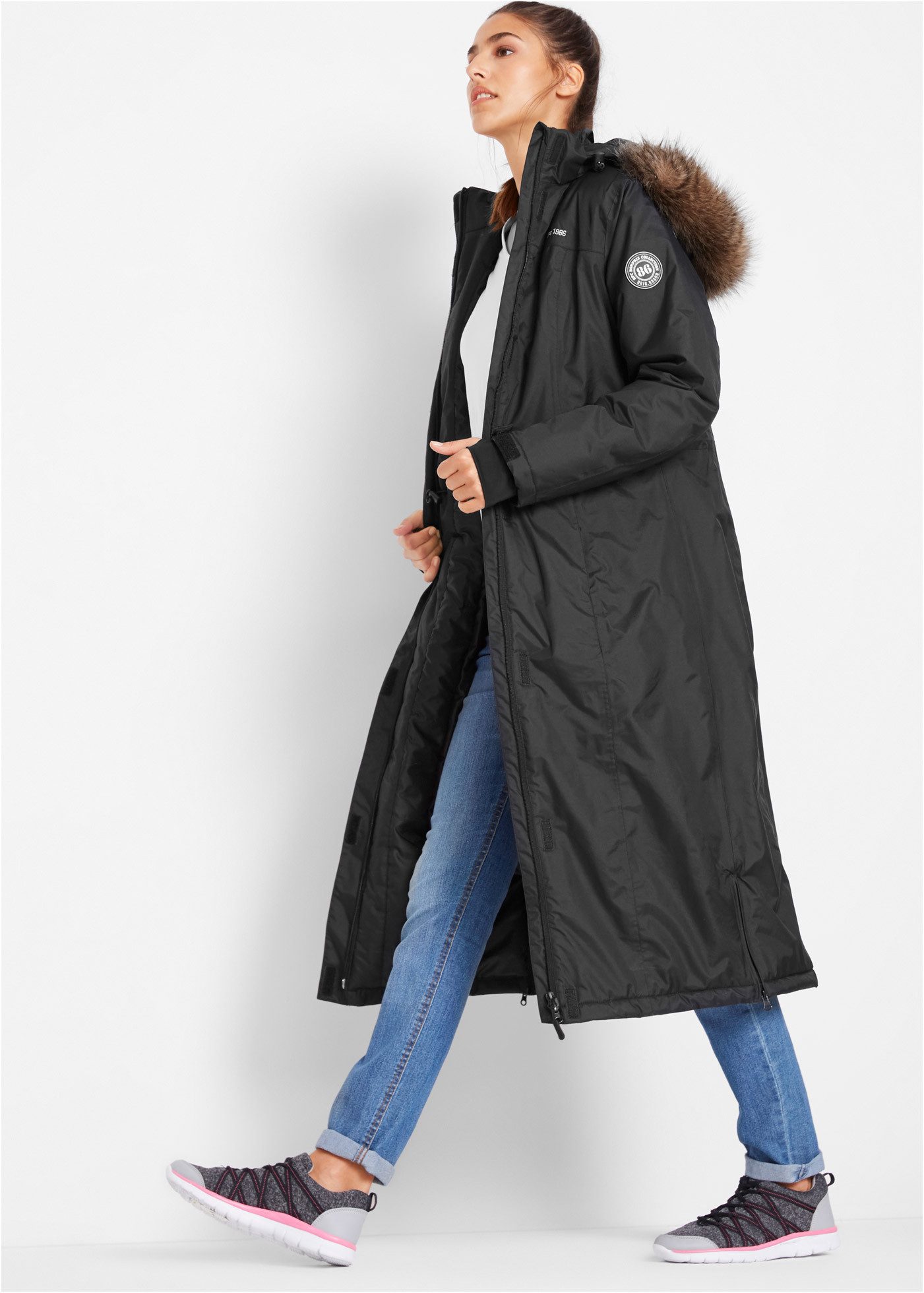 bonprix Wintermantel mit abnehmbarer Kapuze + Fellimitat, Daumenlöcher, Handy-Innentasche – Bild 4 von 5