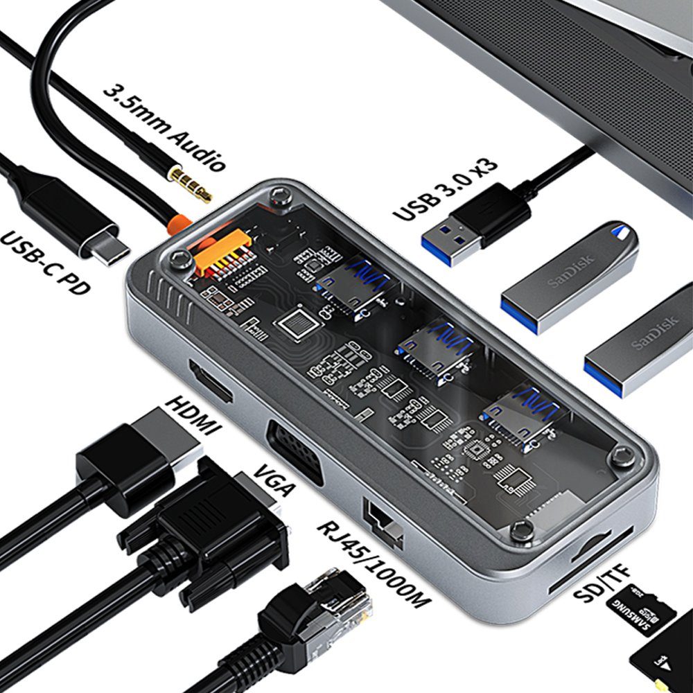 XIIW USB C Hub 10 in 1 Docking Satation mit Type C Adapter 4K HDMI VGA  1000M Ethernet RJ45 100W PD USB 3.0 SD/TF 3,5-mm Audio, USB C Adapter für  MacBook, Chromebook