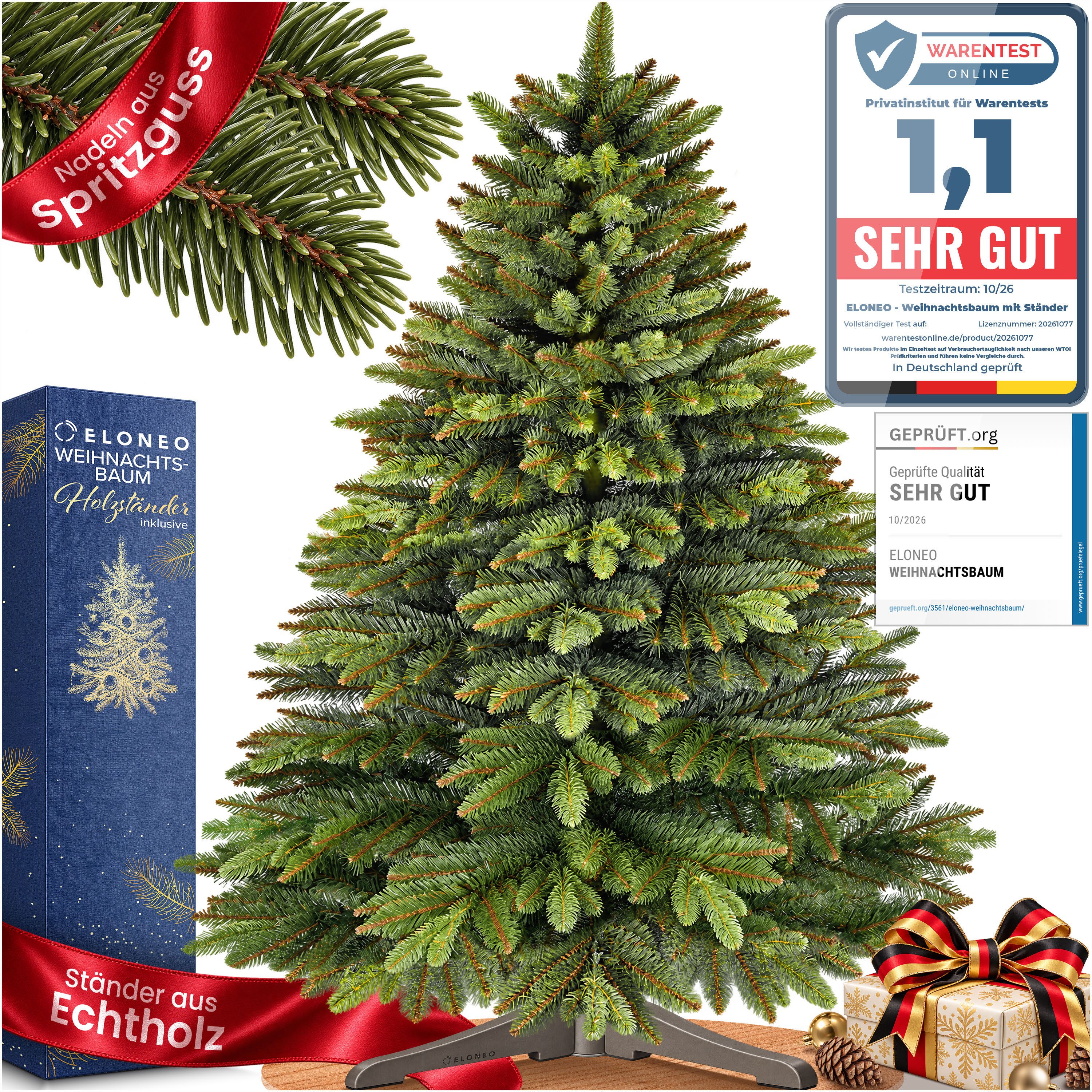ELONEO Künstlicher Weihnachtsbaum, Dichte, biegsame Zweige, naturgetreu, Holzständer, schwer entflammbar
