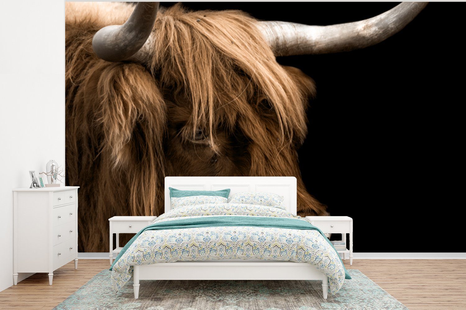 Highlander (6 Vinyl Wallpaper Matt, St), Schlafzimmer, bedruckt, Tapete - Kinderzimmer, Schwarz, Schottischer Fototapete für Wohnzimmer, Tiere MuchoWow -