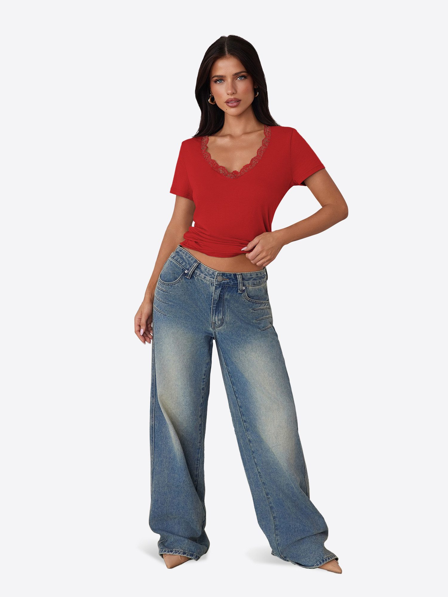 Imily Bela T-Shirt Damen Slim-Fit Tops aus Spitze (Packung, 1-tlg., 1per-Pack) einfarbig – Bild 4 von 5