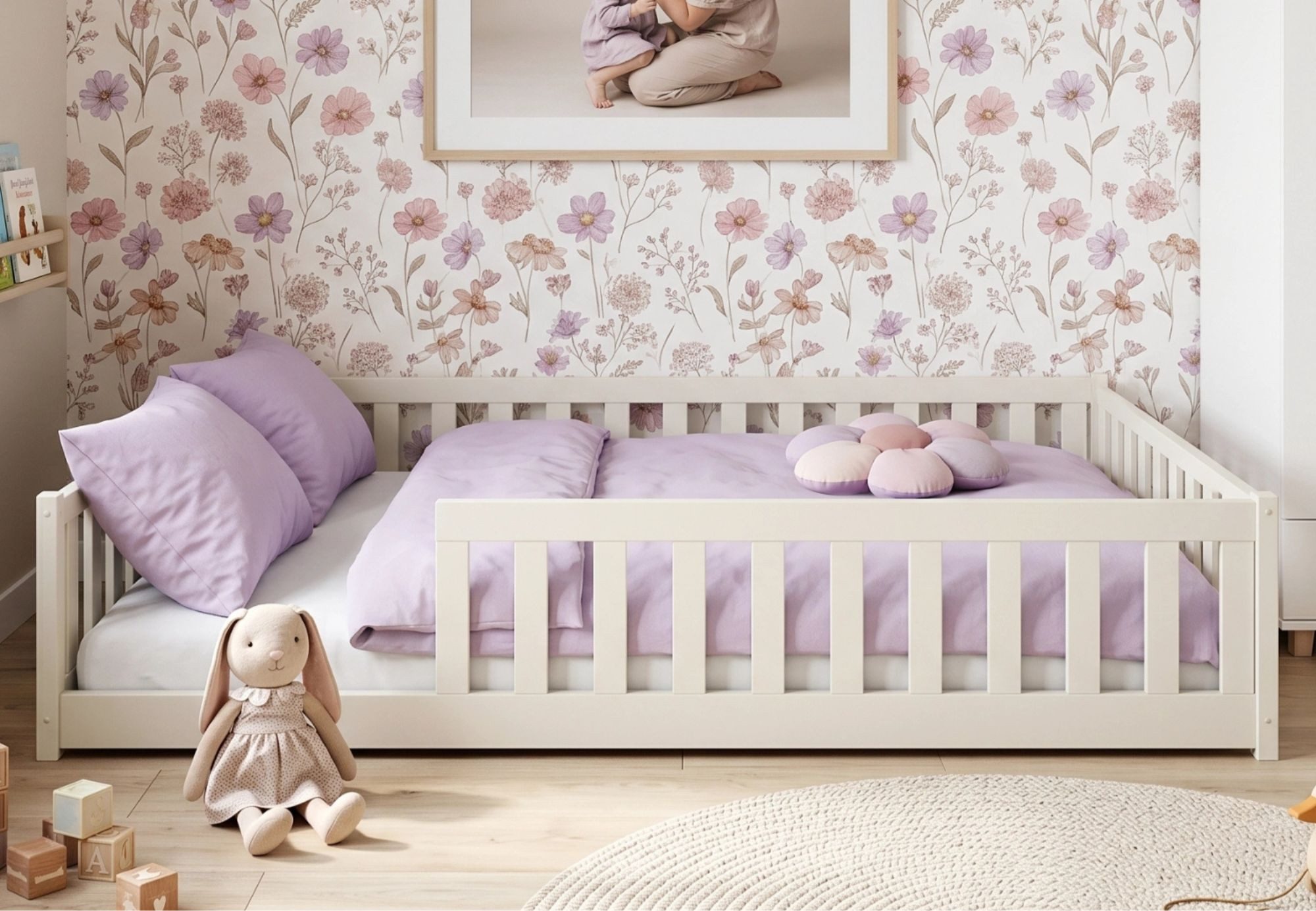 Kids Collective Kinderbett Bodenbett Bett mit Rausfallschutz & Lattenrost Montessori Bett Kinder (Jungen, Mädchen, Kinder, weitere Größen 80x160, 80x180, 90x190, 90x200, 120x200 cm), mit Matratze Jugendbett Einzelbett Baumwolle 140x200 cm
