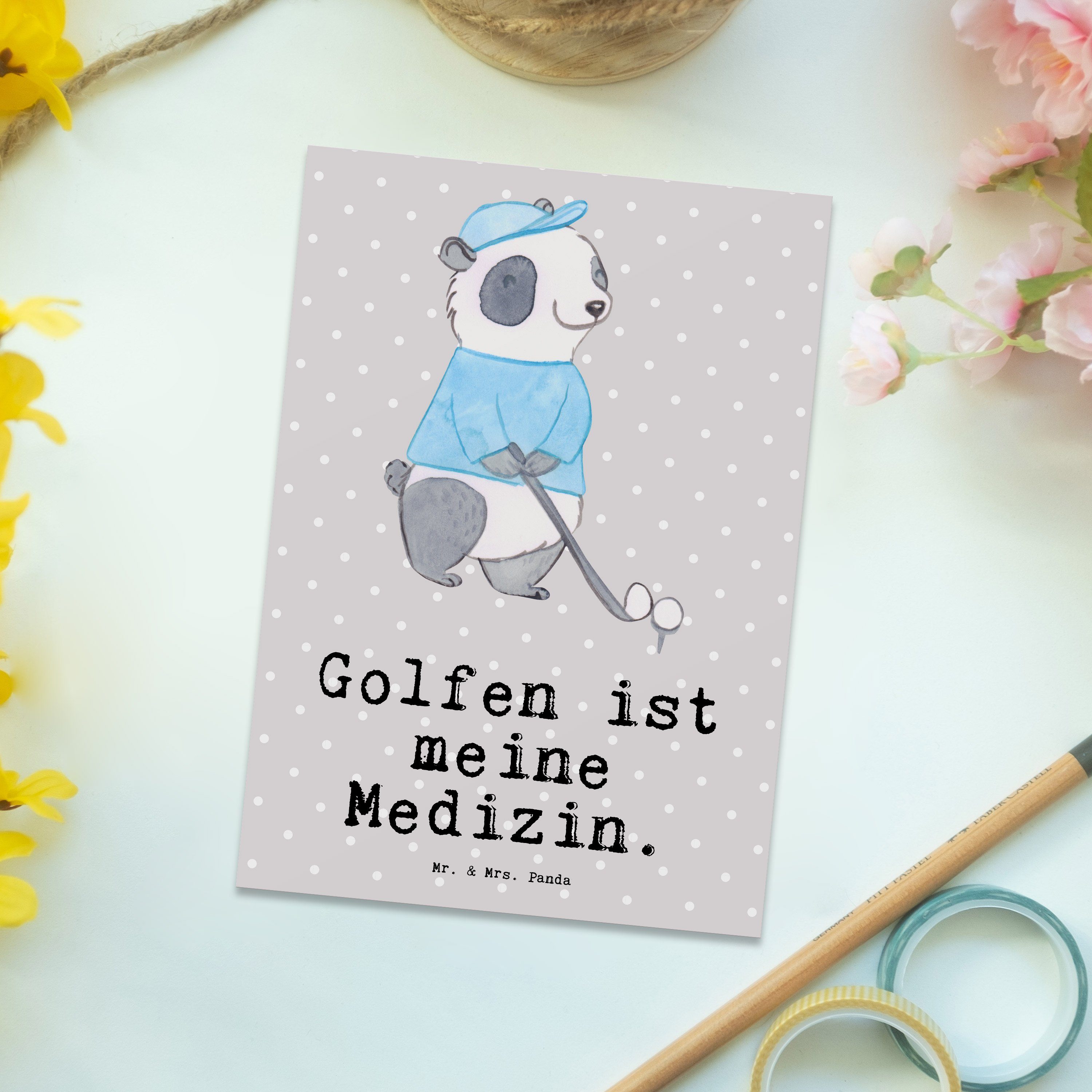 Mr. Pastell - Golfen Panda - Mrs. & Karte, Geschenk, Medizin Grau Panda Postkarte Einladungskart