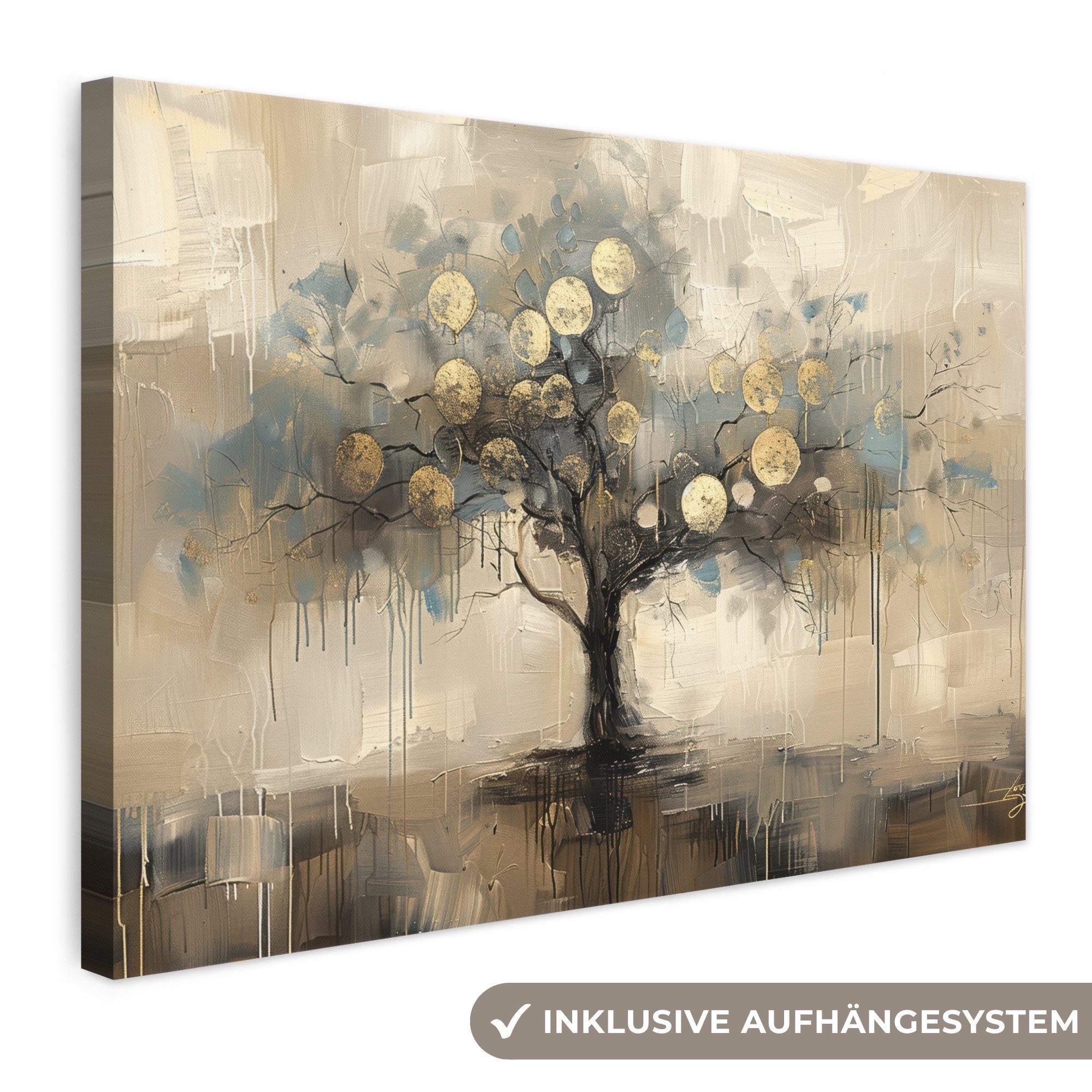 OneMillionCanvasses® Leinwandbild Beige - Abstrakt - Baum - Gold, Fotodruck (1 St), Leinwand Bilder Klein, Wand Dekoration Aesthetic 30x20 cm
