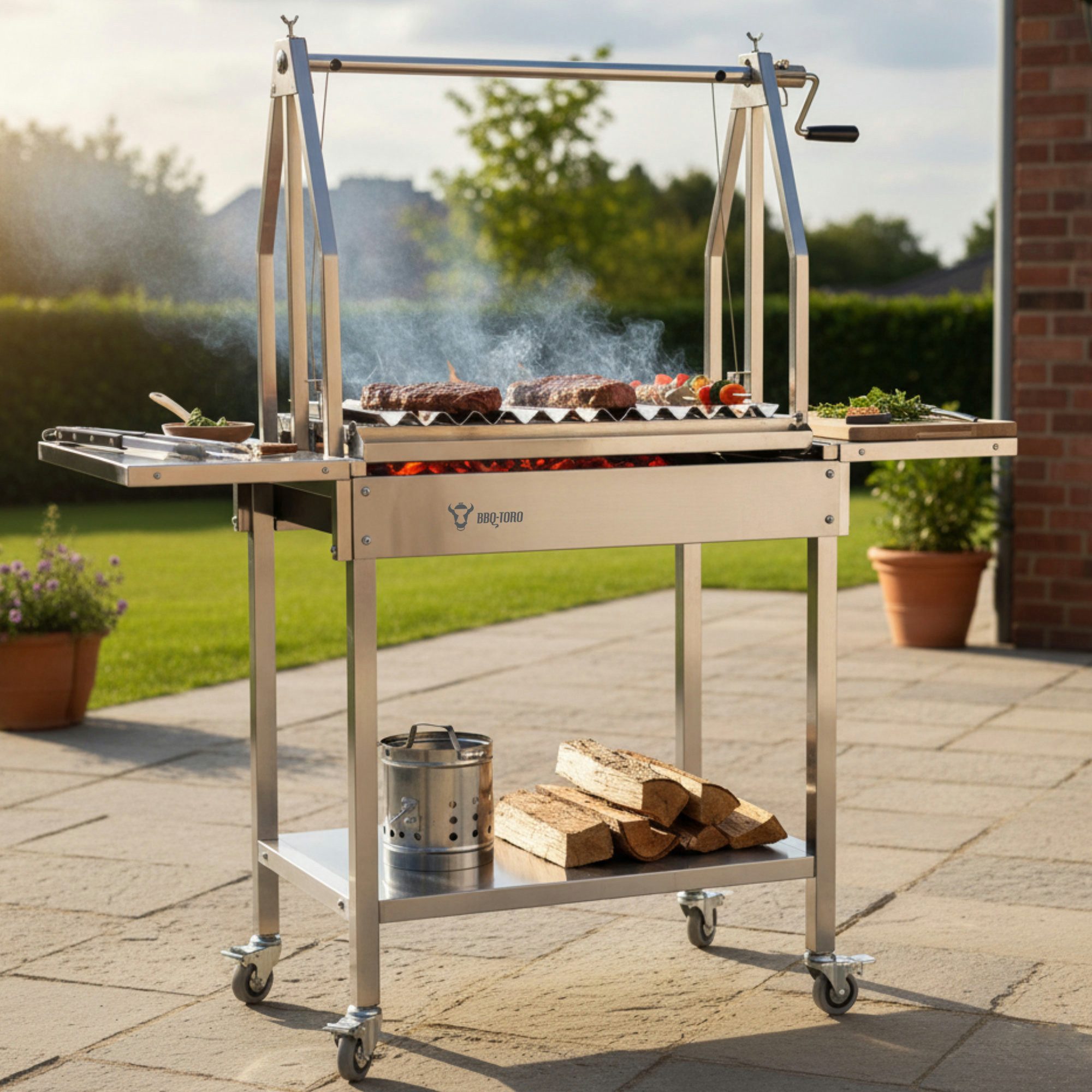 BBQ-Toro Holzkohlegrill Edelstahl Asado Grill, 119x45x135 cm, Argentinischer Holzkohlegrill, Stufenlos verstellbarer Grillrost