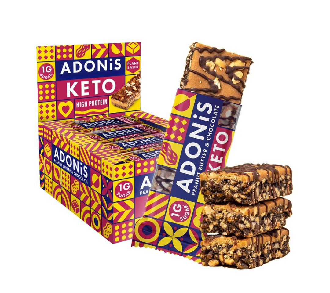 Adonis Keto High Protein Riegel 16x 45g Keto Snacks Vegan & 100% natürlich Kapseln, Low Carb Bar und Low Sugar Snack à