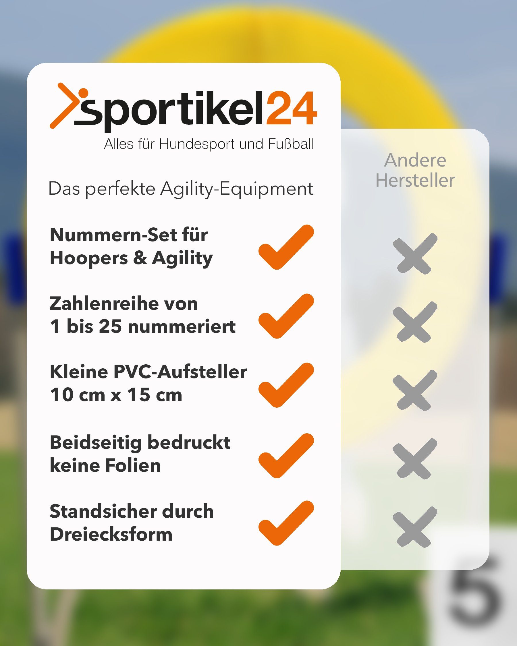 Superhund Agility-Slalom Zahlen-Tafeln von 1-25 durchnummeriert