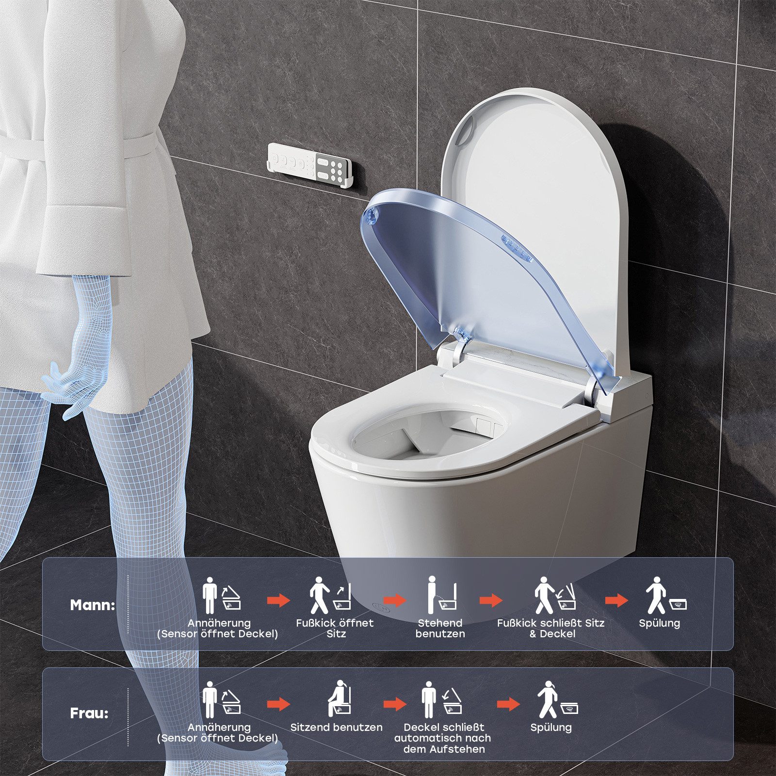 HOROW Dusch-WC Intelligente Hänge WC mit Bidet Funktion, Japanische spülrandlos WC, Wand WC, Abgang waagerecht, mit Warmwasser, Beheizter Sitz, Instellbarem Wasserdruck, Warme Lufttrocknung, Damenpflege