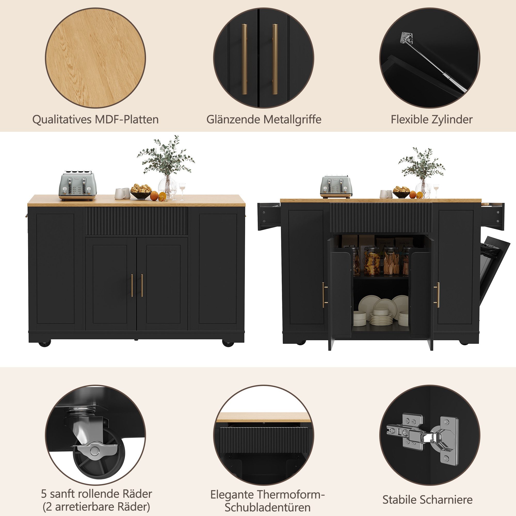 i@home Kücheninsel mit Rollen, Küchenschrank, Servierwagen, 120 x 50 x 92 cm, Kücheninsel mit Rollen, Integrierter Abfallbehälter, Viel Stauraum