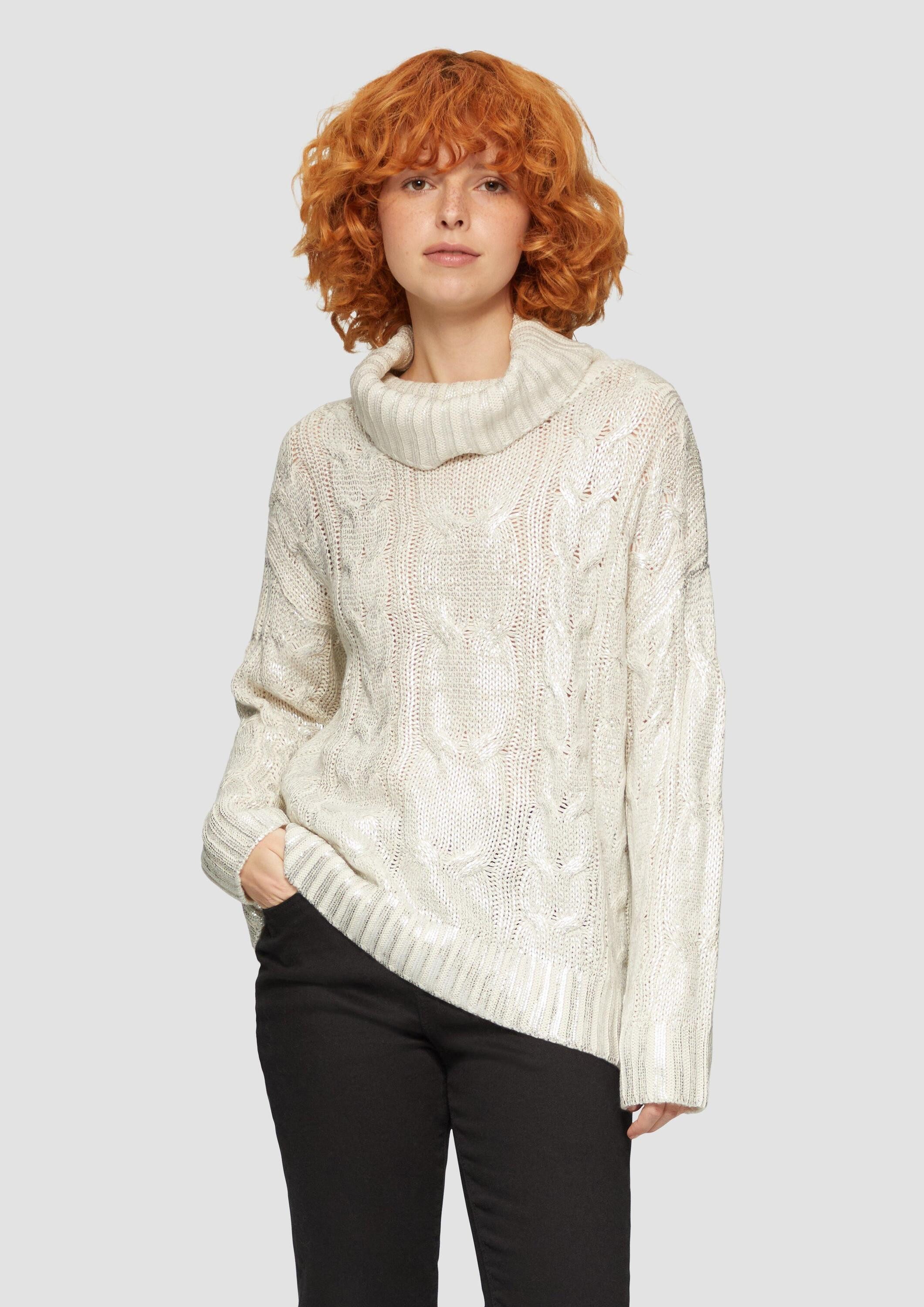 QS Longpullover Strickpullover Oversize Pullover mit Zopfmuster und All-over-Print