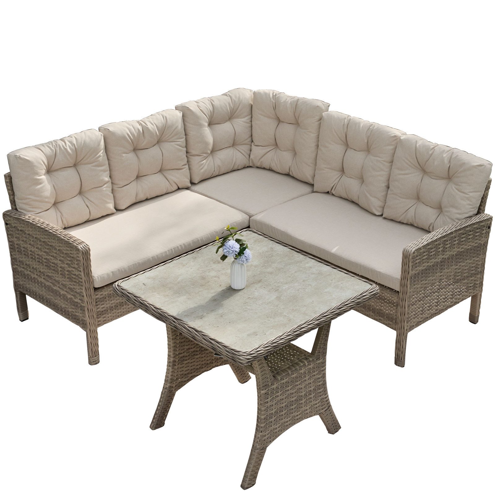 HOMECALL Gartenlounge-Set Gartenlounge-Set Dining Lounge mit Esstisch, Rattan für 5-6 Personen, (Set, 2x 2er Sofa, 1x 1er Sofa, 1x Tisch 73x73x69cm,Loungeset Outdoor), Wetterfester Rahmen Sitzbereich für 5 Personen, COMLAX FIELD