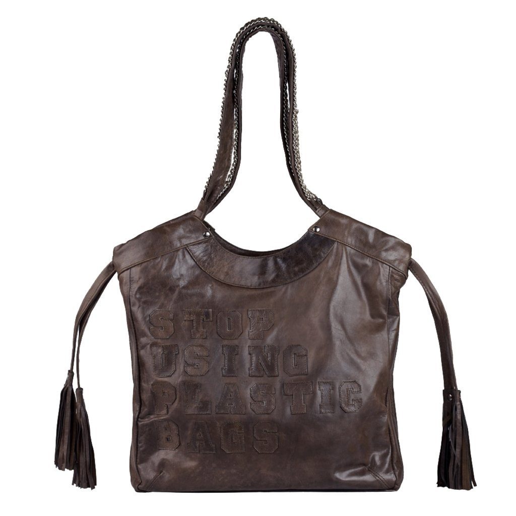 goldmarie Shopper Tasche STOP USING PLASTIC BAGS Leder braun, echt leder