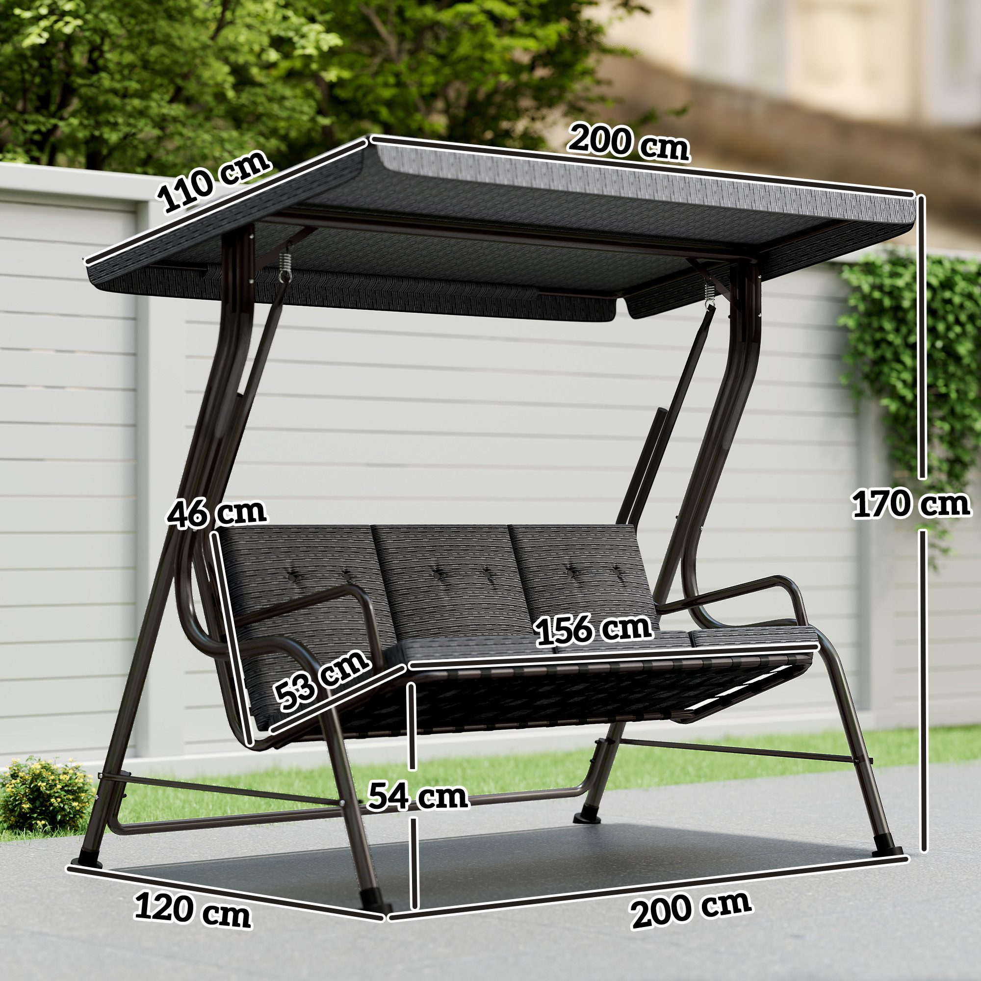 Outsunny Hollywoodschaukel Gartenschaukel mit Sonnendach, 3-Sitzer, Bettfunktion, Hollywoodschaukel, 1 tlg., Gartenschaukel, für Garten, Balkon, Schwarz