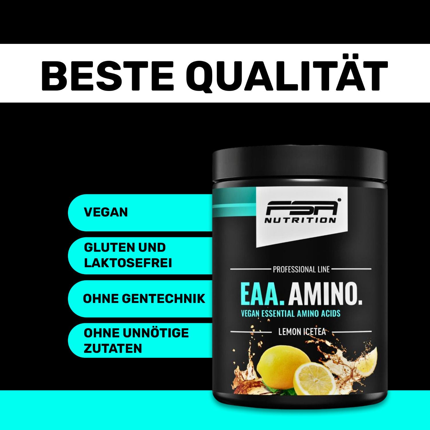 FSA NUTRITION EAA Amino - Aminosäuren Komplex hochdosiert - vegan - Zitrone Eistee Pulver, 400 g, Mit allen 8 essentiellen Aminosäuren + Glutamin