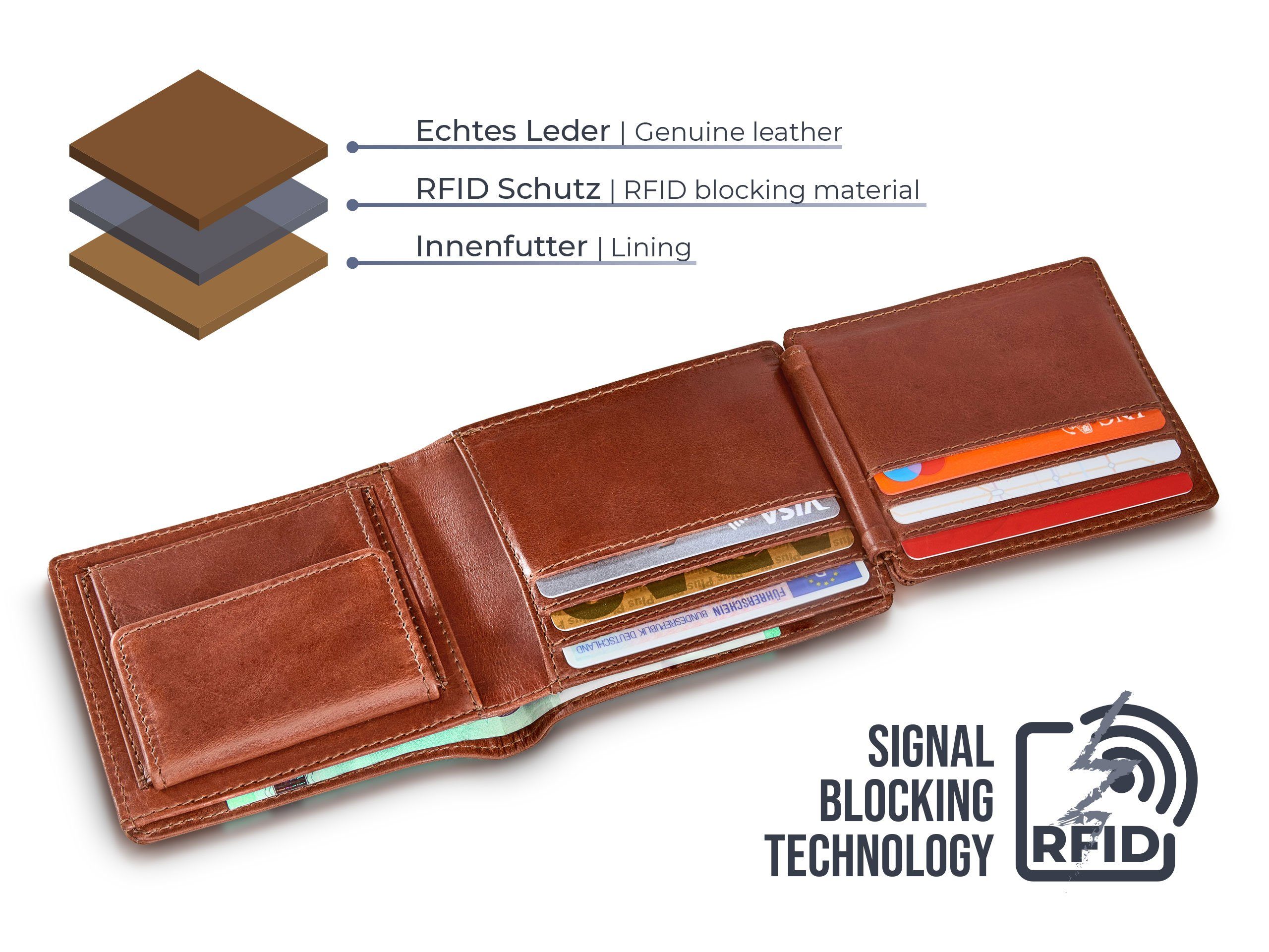 RFID Studio PURE Leather Herren geprüftem cognac Geldbeutel Portemonnaie Trifold, CASTOR Geldbörse Brieftasche mit Schutz Trifold