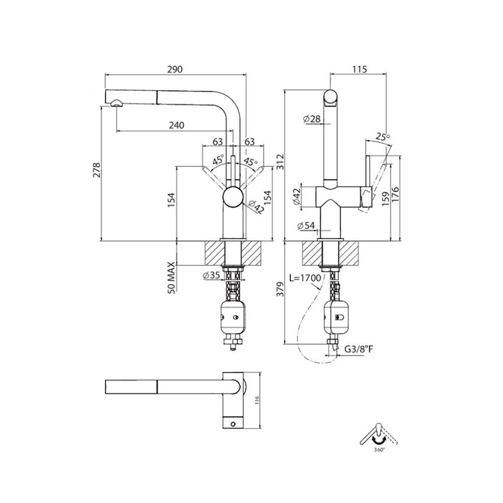 Systemceram Küchenarmatur Sila herausziehbarer Auslauf Kupfer Niederdruck