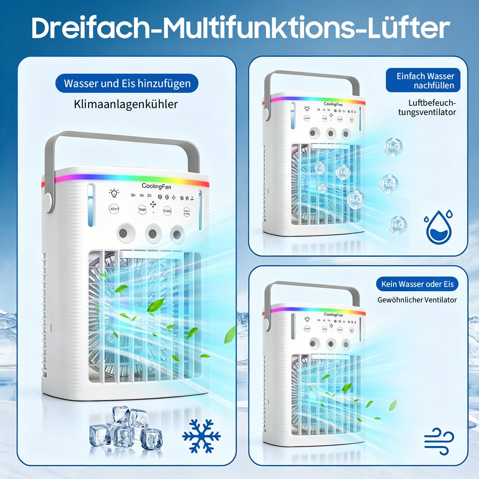 MOPUEA Ventilatorkombigerät Luftkühler Ventilator 4in1 Klimaanlage mit Fernbedienung Timer 2–8 h, Standventilator Tischklimagerät LED-Licht mit Wasserkühlung