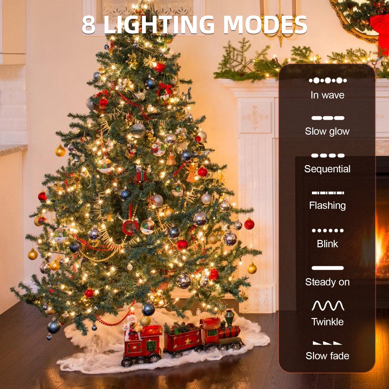 OZAVO LED-Lichterkette led lichterkette weihnachtsbaum mit ring und 8 Girlanden,2M,8 Modi, 280-flammig, LED Weihnachtsbaum-Überwurf-Lichterkette für 150cm-210cm Tannenbaum