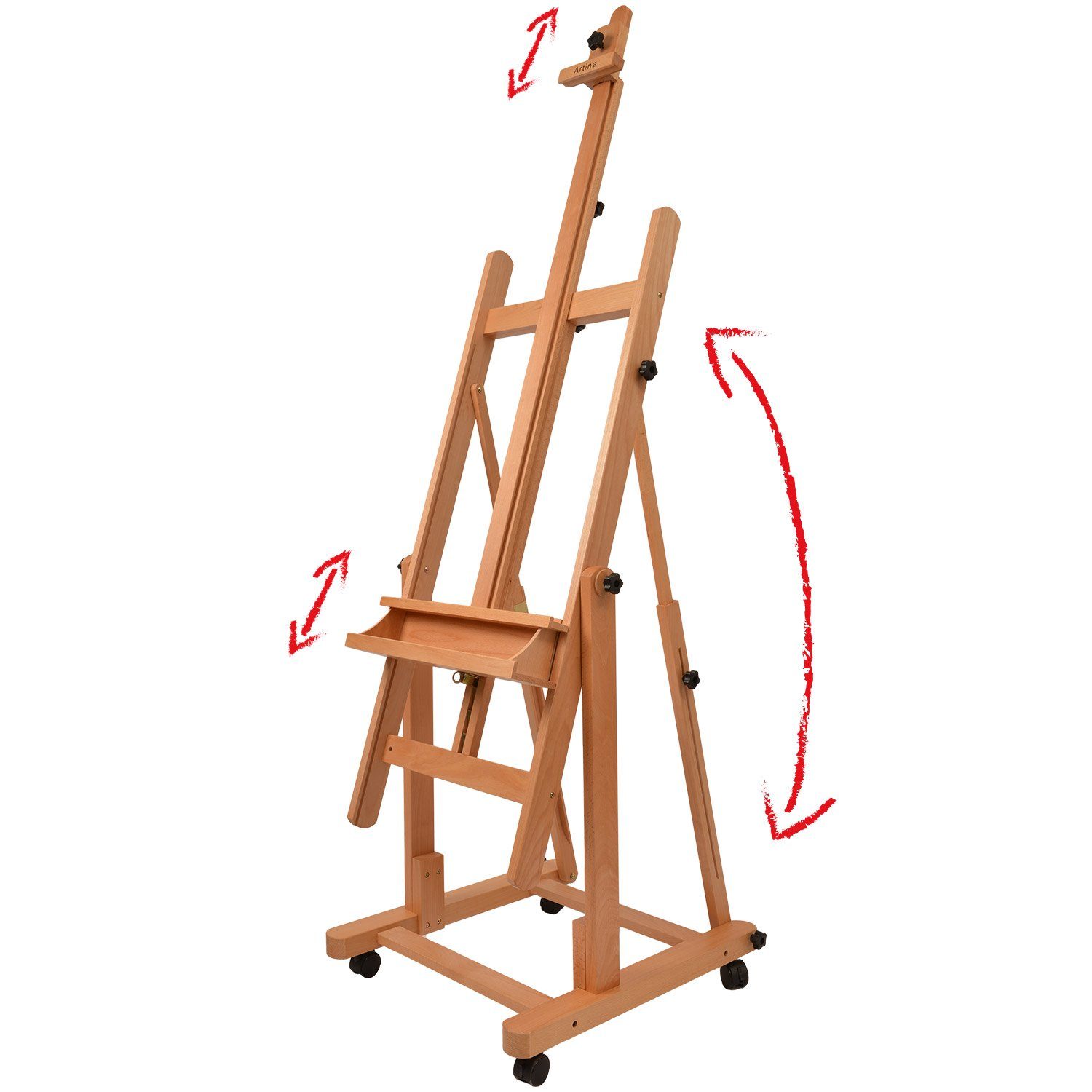 Artina Staffelei Profi Atelierstaffelei Verona für Keilrahmen bis 210 cm, Stabile Staffelei Holz?Stativ Gemälde Leinwandhalter auf 4 Rollen