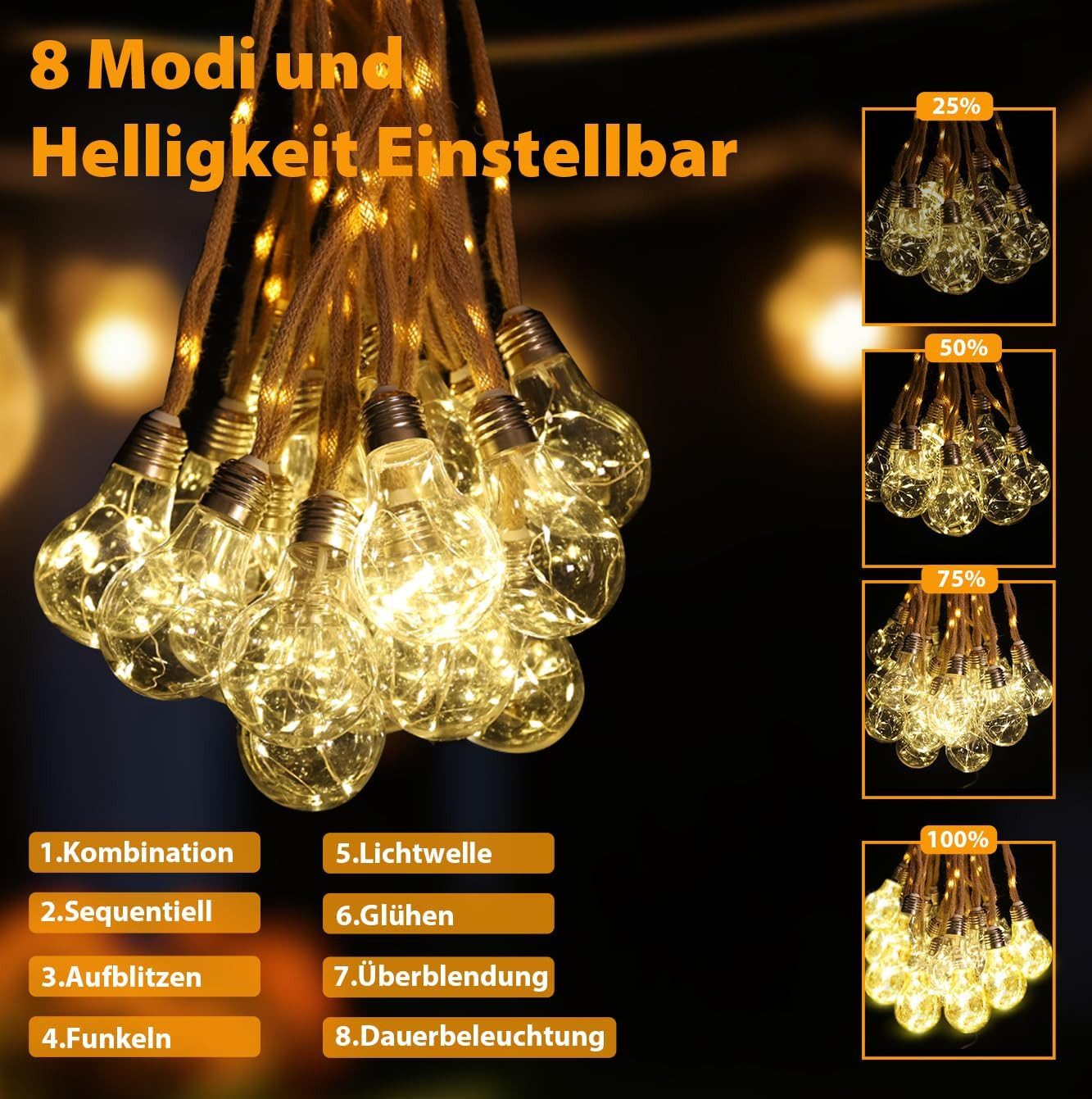Salcar LED Solarleuchte Solar Lichterkette Warmweiß Hanfseil Glühbirnen Vintage Garten, LED, 5m Lichterkette + 3m Zuleitung, 10 Glühbirnen mit 149 LED – Bild 2 von 5