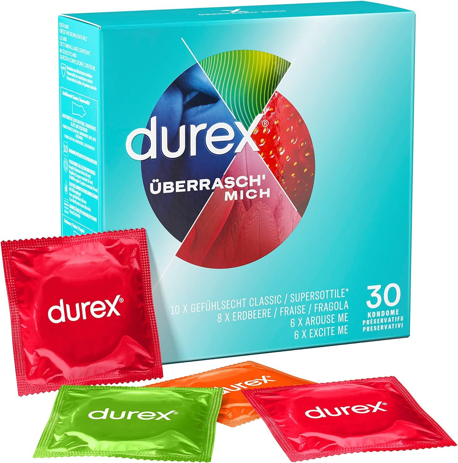 durex Kondome Überrasch Mich mit 4 verschiedenen Kondomsorten zum Ausprobieren Ausprobierset, 30 St., Für unterschiedlichste Bedürfnisse