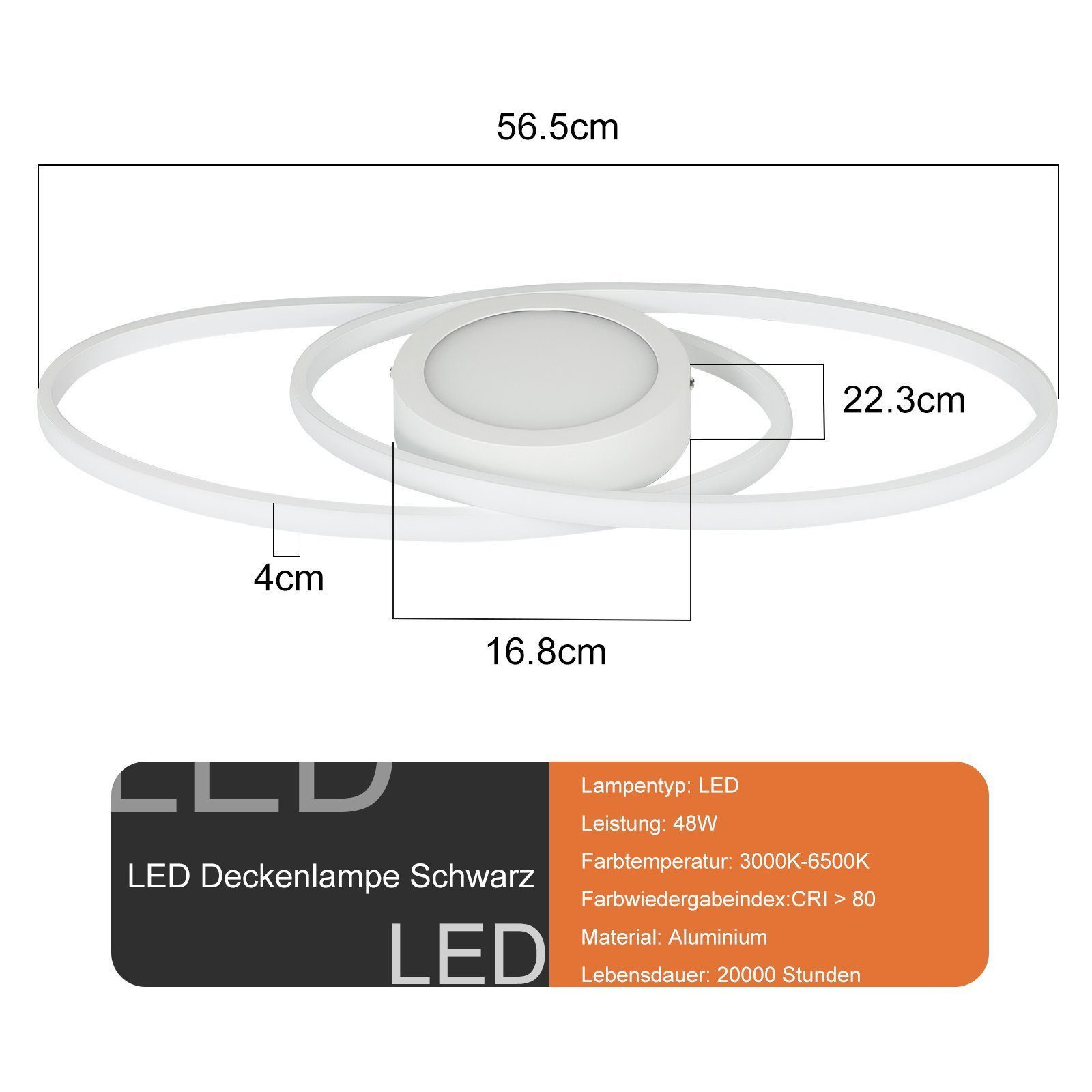 Nettlife LED Deckenleuchte Schlafzimmer Schwarz/Weiß Dimmbar Metall Wohnzimmer mit Fernbedienung, Dimmbar, LED fest integriert, Warmweiß Neutralweiß Kaltweiß, S – Bild 3 von 5