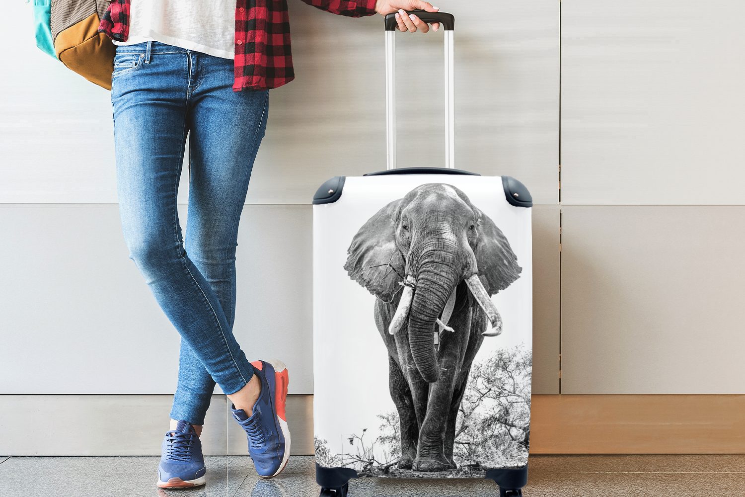Reisekoffer 4 Handgepäck Ferien, und Rollen, für MuchoWow Reisetasche rollen, Elefant mit Handgepäckkoffer Essender weiß, Trolley, - schwarz