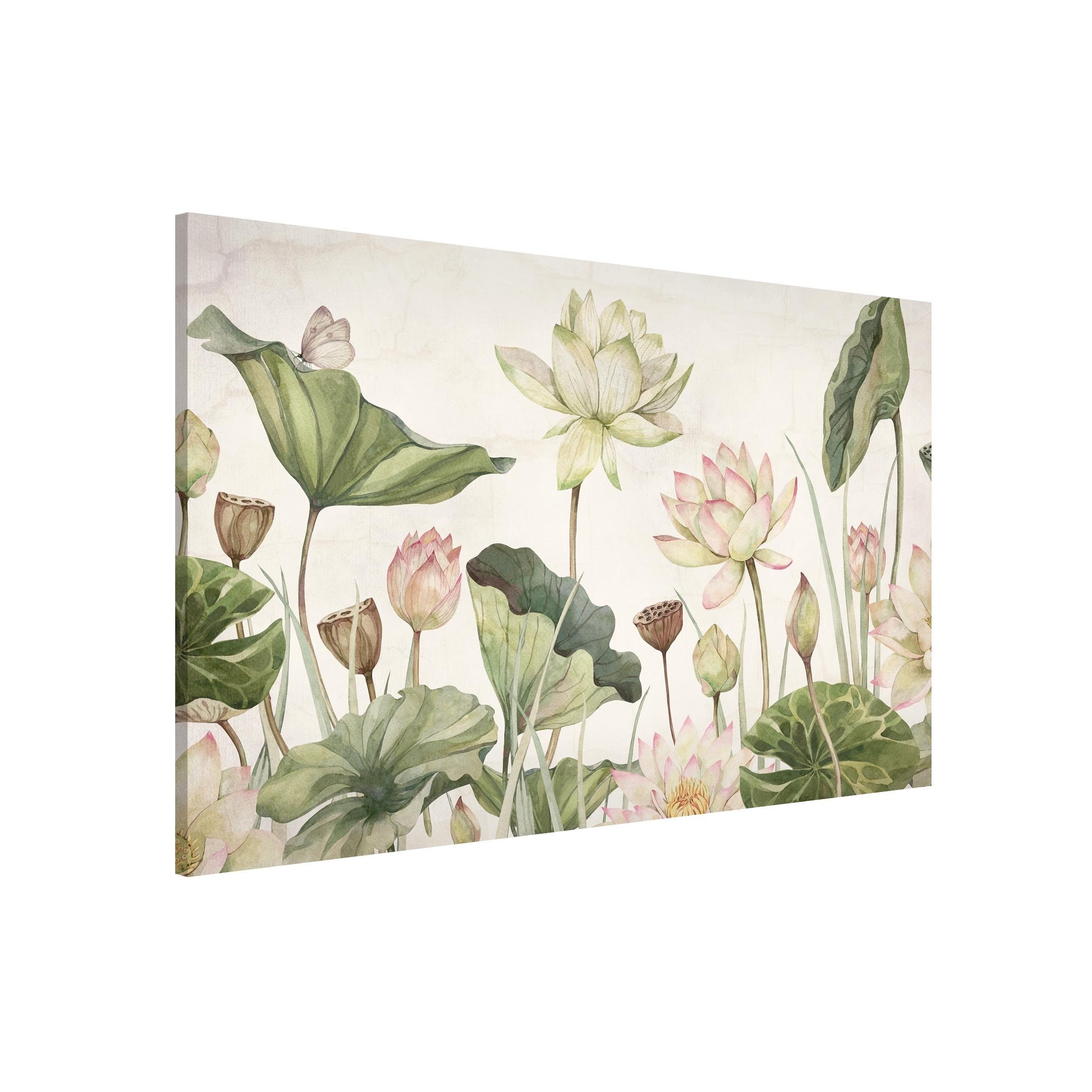 Bilderdepot24 Magnettafel Küche grün Anmutige Seerosen und sanfte Blätter, (1-tlg., Magnetboard Pinnwand für die Wand - metallische Tafel für Magnete), Magnetwand groß mit Motiv Büro Memoboard magnetisch Querformat