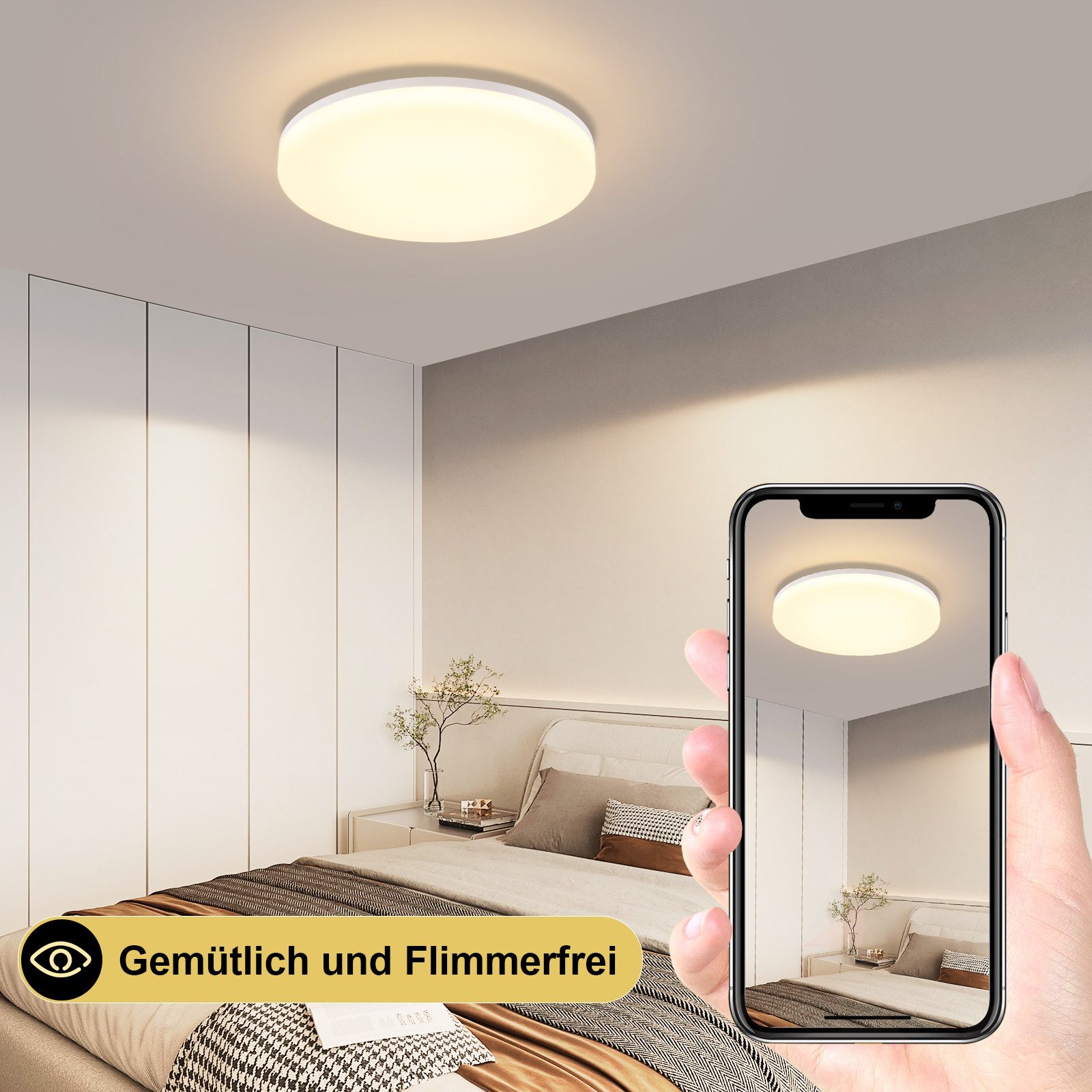 ZMH LED Deckenleuchte Dimmbar RGB Schlafzimmerlampe Rund mit Fernbedienung Wohnzimmer, LED fest integriert, 3000-6500k – Bild 3 von 4