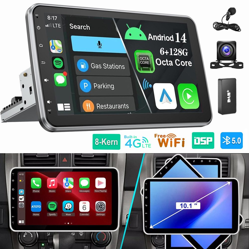 ESSGOO 8-Kern 6GB+128GB Android 14 GPS 1 DIN 360° Drehbar Bildschirm Autoradio (Digitalradio (DAB), RDS, FM, AM, Carplay Android Auto GPS Navi WIFI BT)