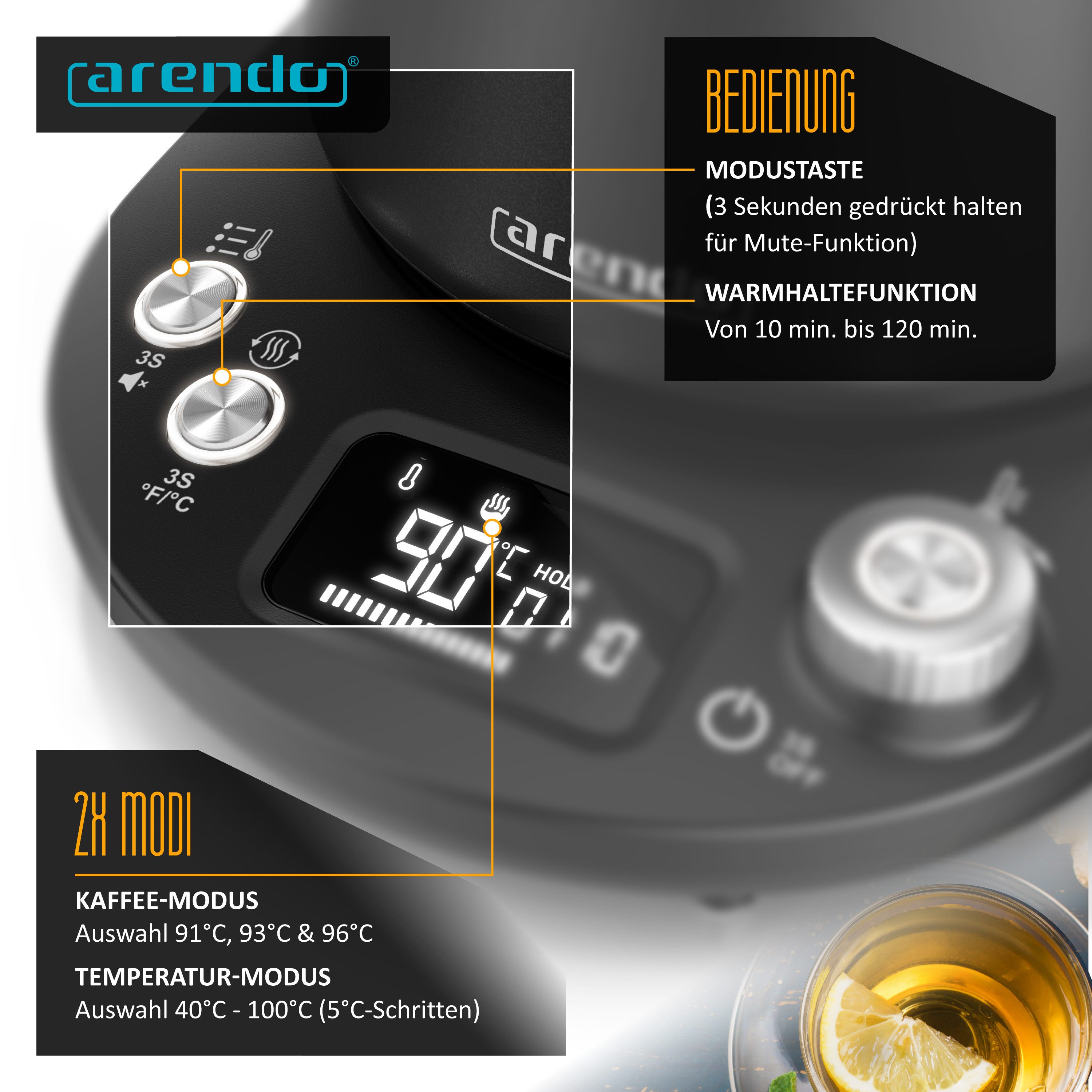 Arendo Wasserkocher aus Edelstahl, Temperatureinstellung 40°–100°C mit Basis & Anzeige, 1,0 l, 1100 W, kompakt, Reisewasserkocher, Teekocher Temperaturanzeige,  – Bild 4 von 5
