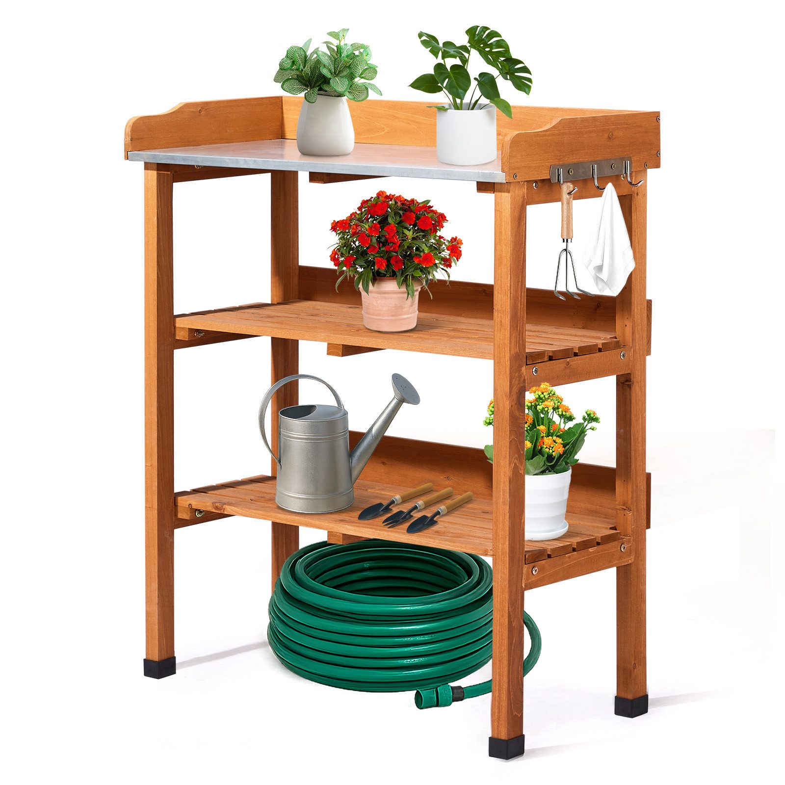LALAHO Pflanztisch 3 Ablagen, Gärtnertisch mit verzinkter Arbeitsplatte, Garten-Blumentisch für Outdoor, wetterfest, 74x36x90cm, Holzfarbe