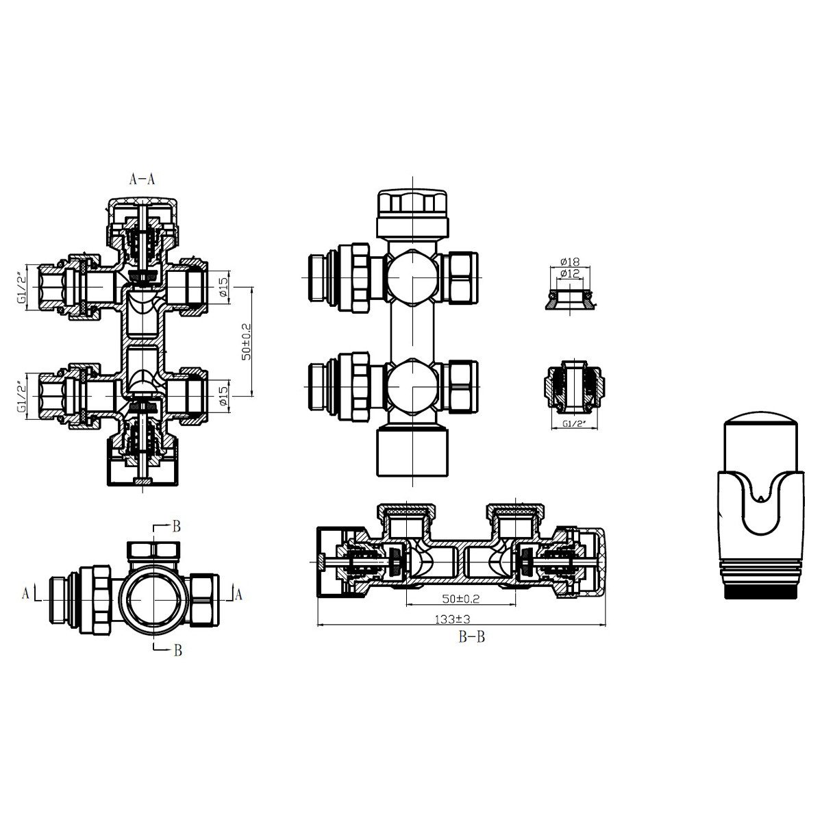 Belvit Regulierventil BV-HV8410, (1-tlg), Belvit Design Heizkörperventil Thermostat Schwarz matt für Wand-