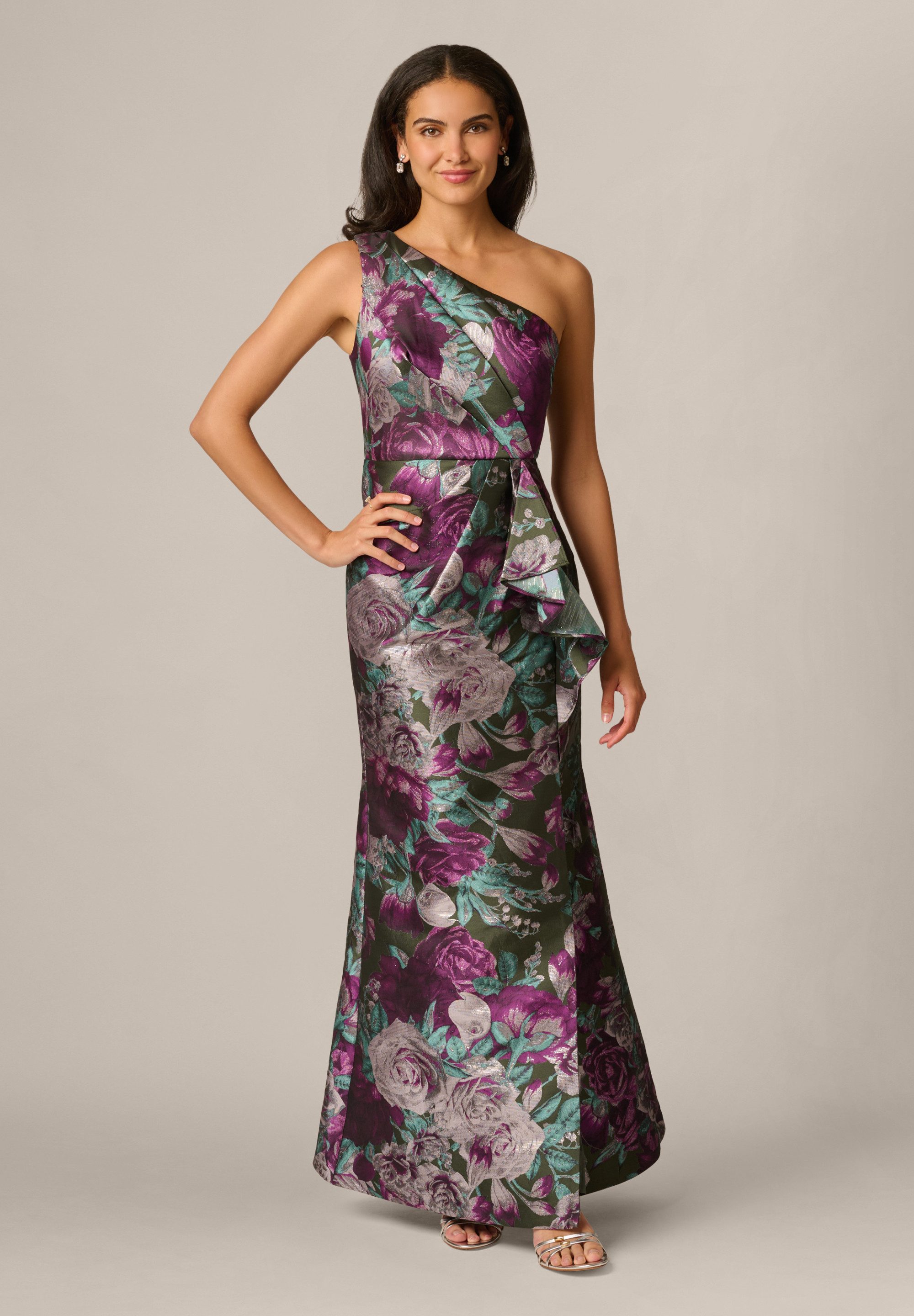 Adrianna Papell Abendkleid One Shoulder Jacquard Gown Elegantes, glamouröses Metallic-Jacquard-Kleid – Bild 3 von 5