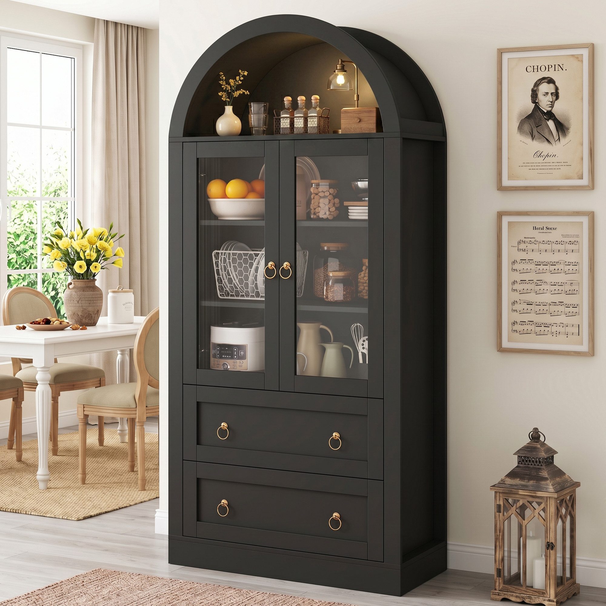 Flieks Hochschrank Bogen-Glasvitrine mit Schubladen, Doppeltüren und Retro-Metallgriffen (mit verstellbarer Einlegeböden, 1-St., 80x36x170 cm) Mehrzweckschrank Küchenbuffet Wohnzimmerschrank Schwarz