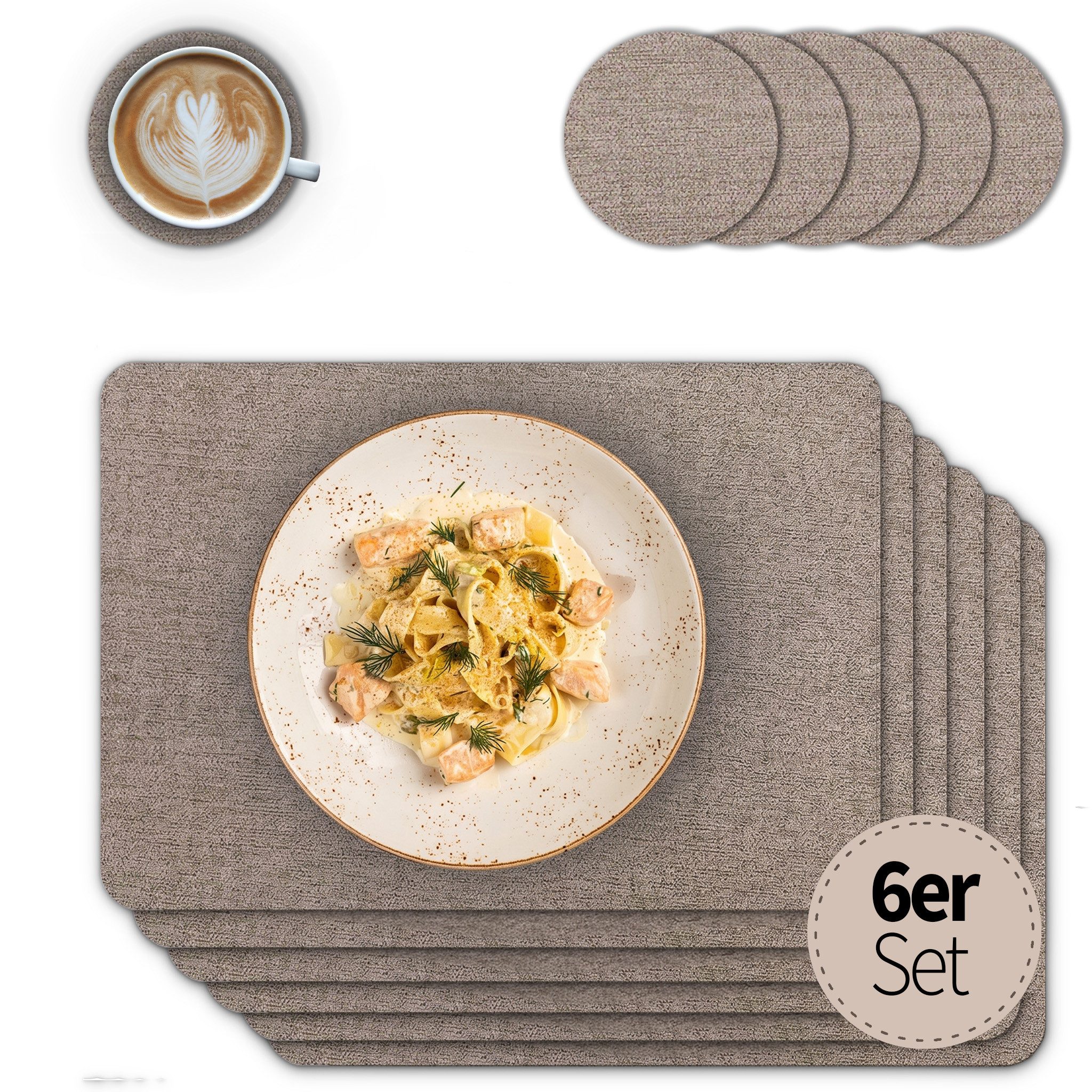 matches21 HOME & HOBBY Platzset Tischsets mit Glasuntersetzer 6er Set Braun Leinen Stoff-Optik, (6-St), Abwaschbare hitzebeständige PVC Platzsets