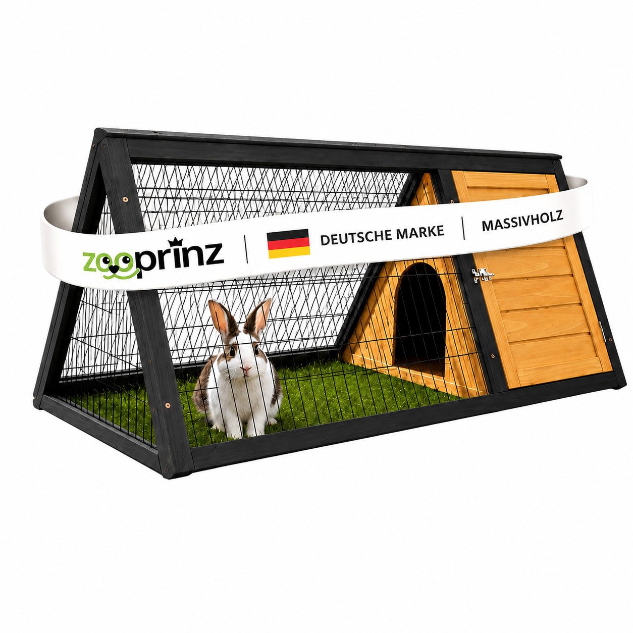 Zooprinz Kleintierstall Hasenstall Kaninchenstall Dreieckig Massivholz mit Freilauf, 115 x 56.5 x 48cm, 2 Türen, Unterschlupf mit Boden