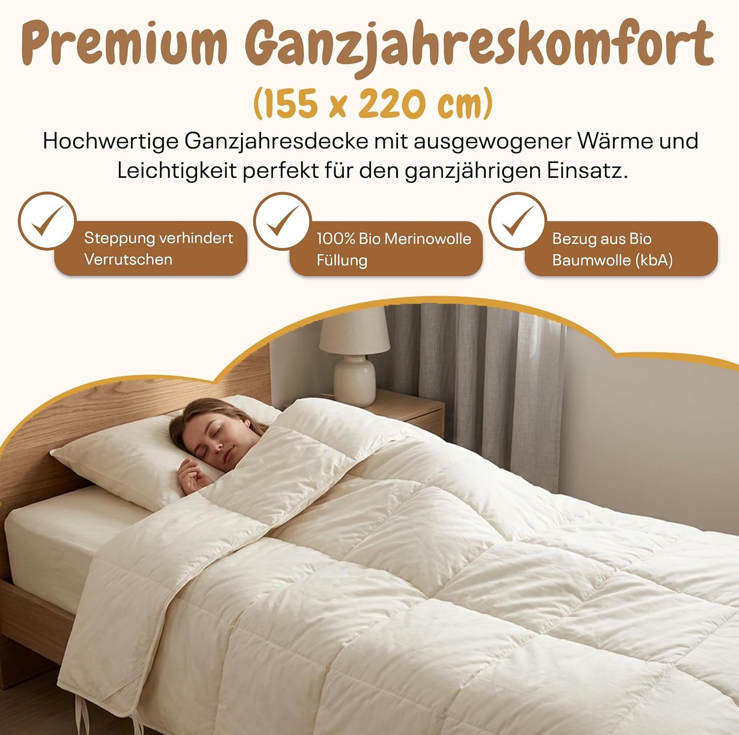 geborgenschlafen Naturhaarbettdecke Schafwolle Ganzjahresdecke 100% Merino-Schafschurwolle, Füllung: Merinowolle, Bezug: Baumwolle, Luftdurchlässig & Temperaturausgleichend - Made in Germany