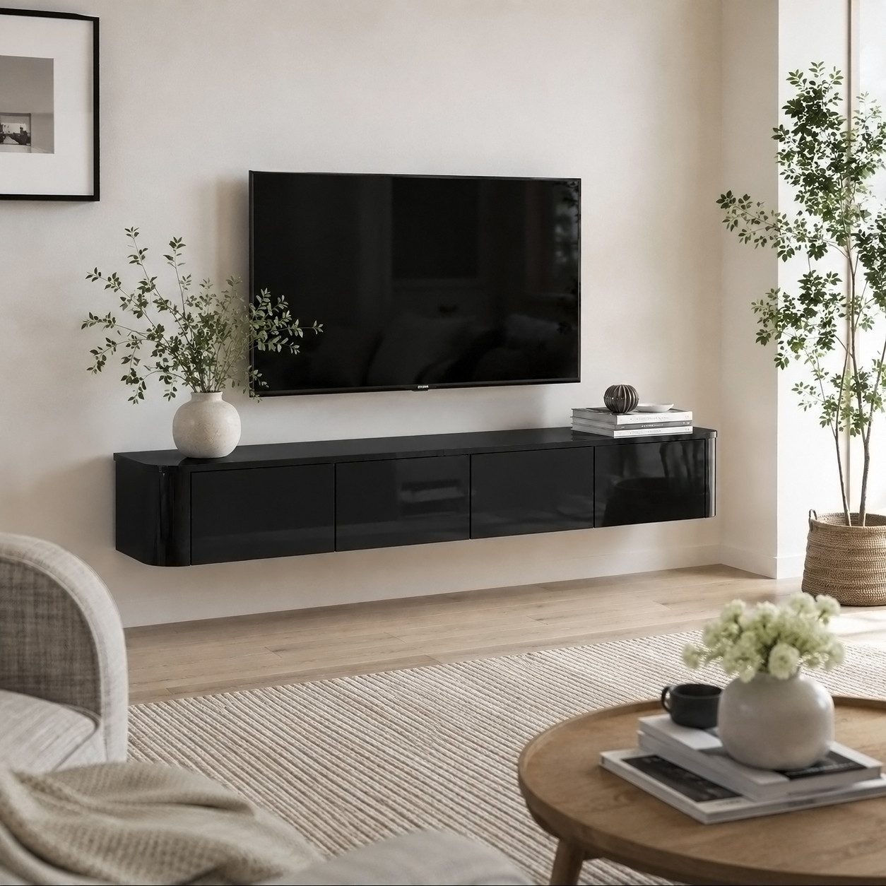 FUFU&GAGA Lowboard 140-200cm TV-Board Hochglanz LED, Weiß/Schwarz, ausziehbar – Bild 5 von 5