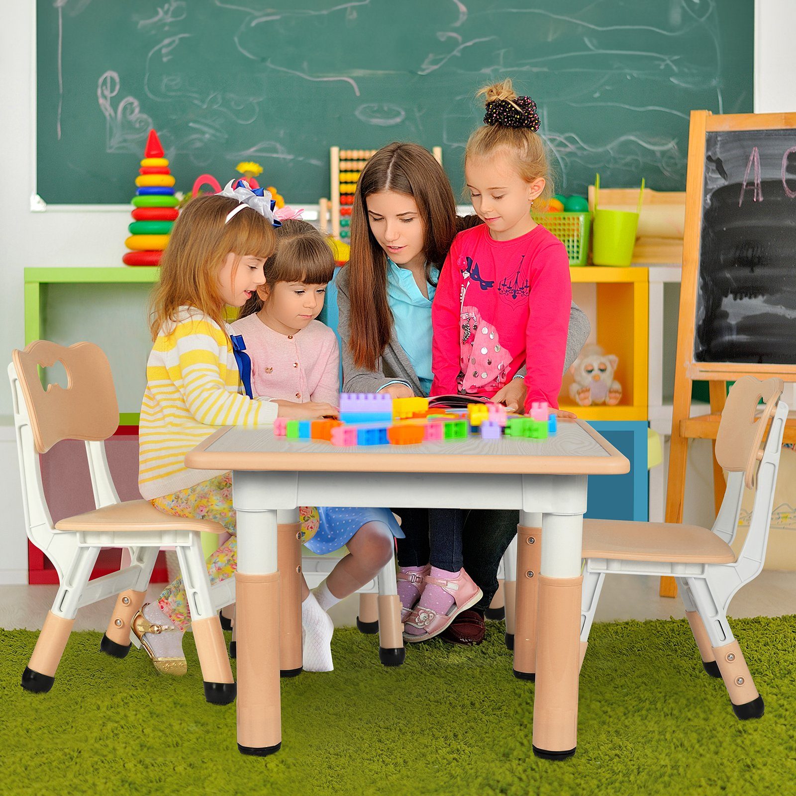 Höhenverstellbar Kindersitzgruppe, Femor Kindersitzgruppe Gelb (5-tlg), mit Kindertisch Stühlen,