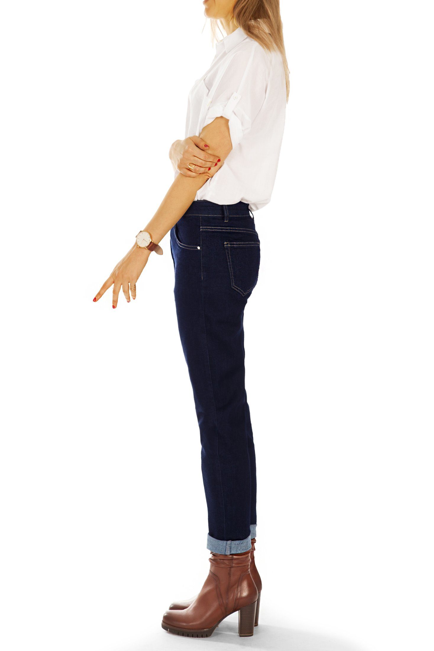 j3f mit Mom-Jeans styled Waist Stretch-Anteil, Jeans Boyfriend Hosen Damen Reißverschluss be Medium Mom 5-Pocket-Style, - Jeans - schräger